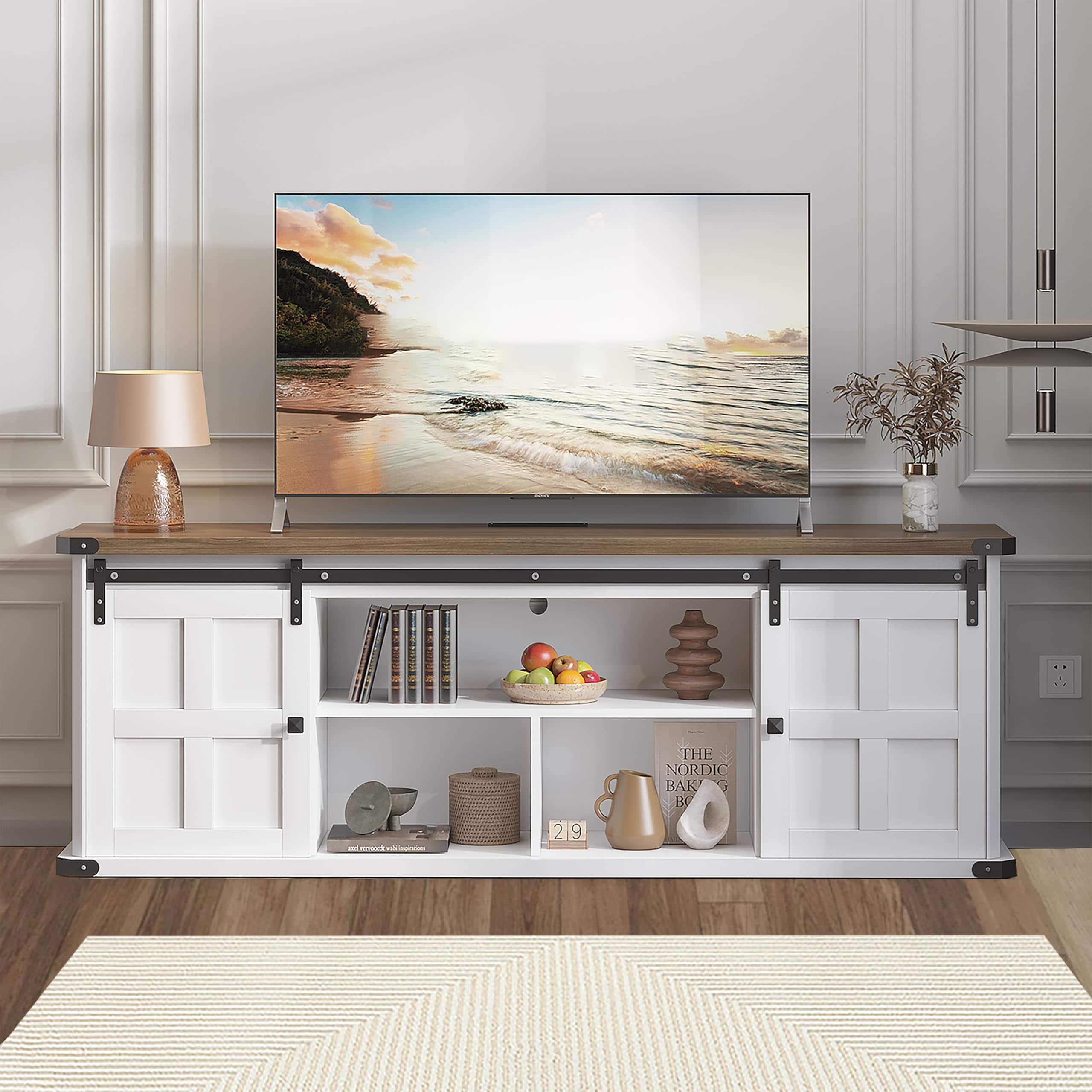 Qeetex - 70" Farmhouse TV Stand for 75" TVs, Sliding Barn Door Entertainment Center with Cabinets & Open Storage - White & Coffee Top