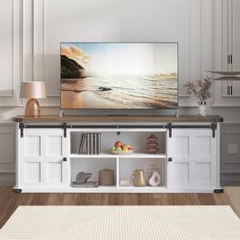 Qeetex - 70" Farmhouse TV Stand for 75" TVs, Sliding Barn Door Entertainment Center with Cabinets & Open Storage - White & Coffee Top