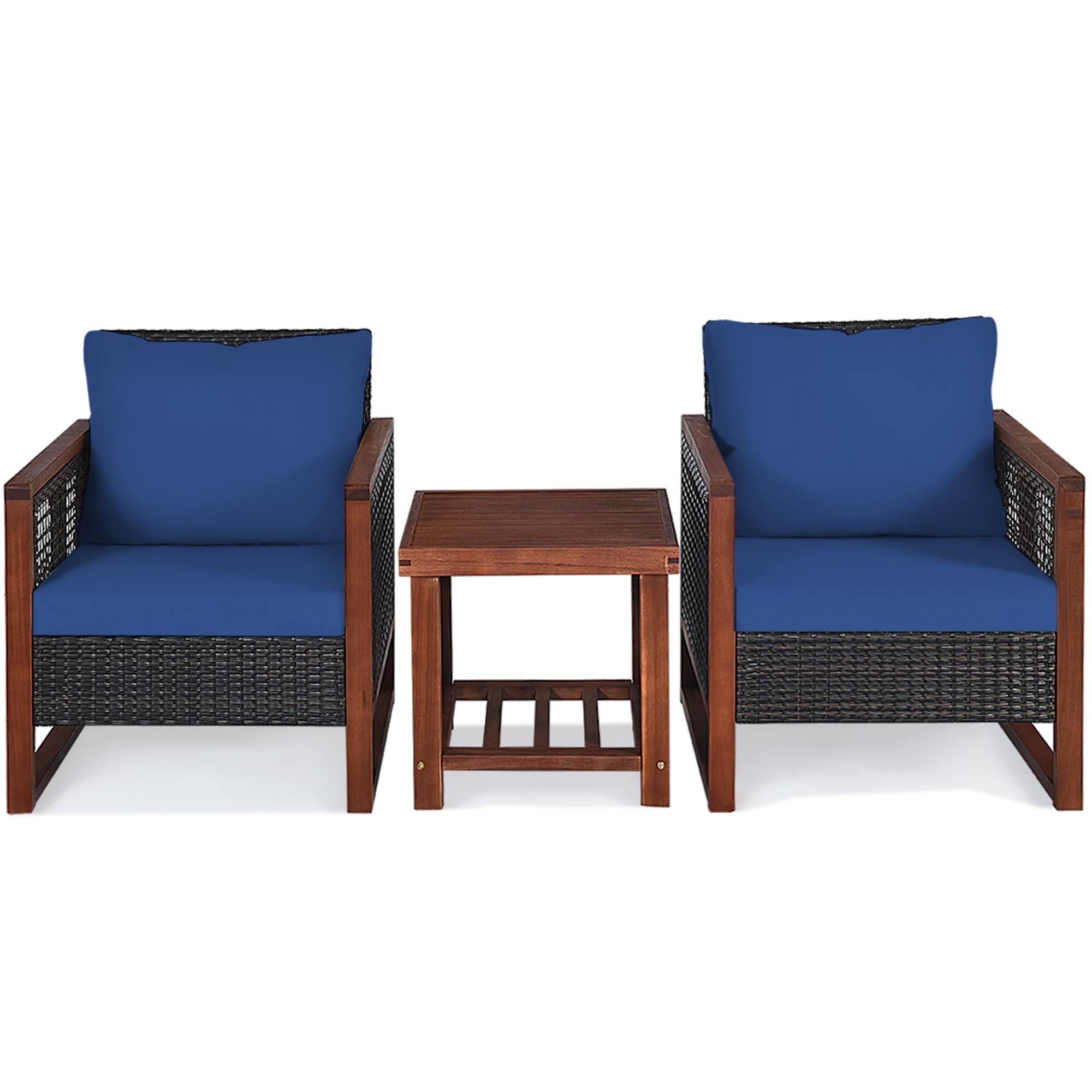 Alt View 1. Gymax - Gymax 3PCS Rattan Wicker Patio Conversation Set Outdoor Furniture Set w/ Navy Cushion - Navy.