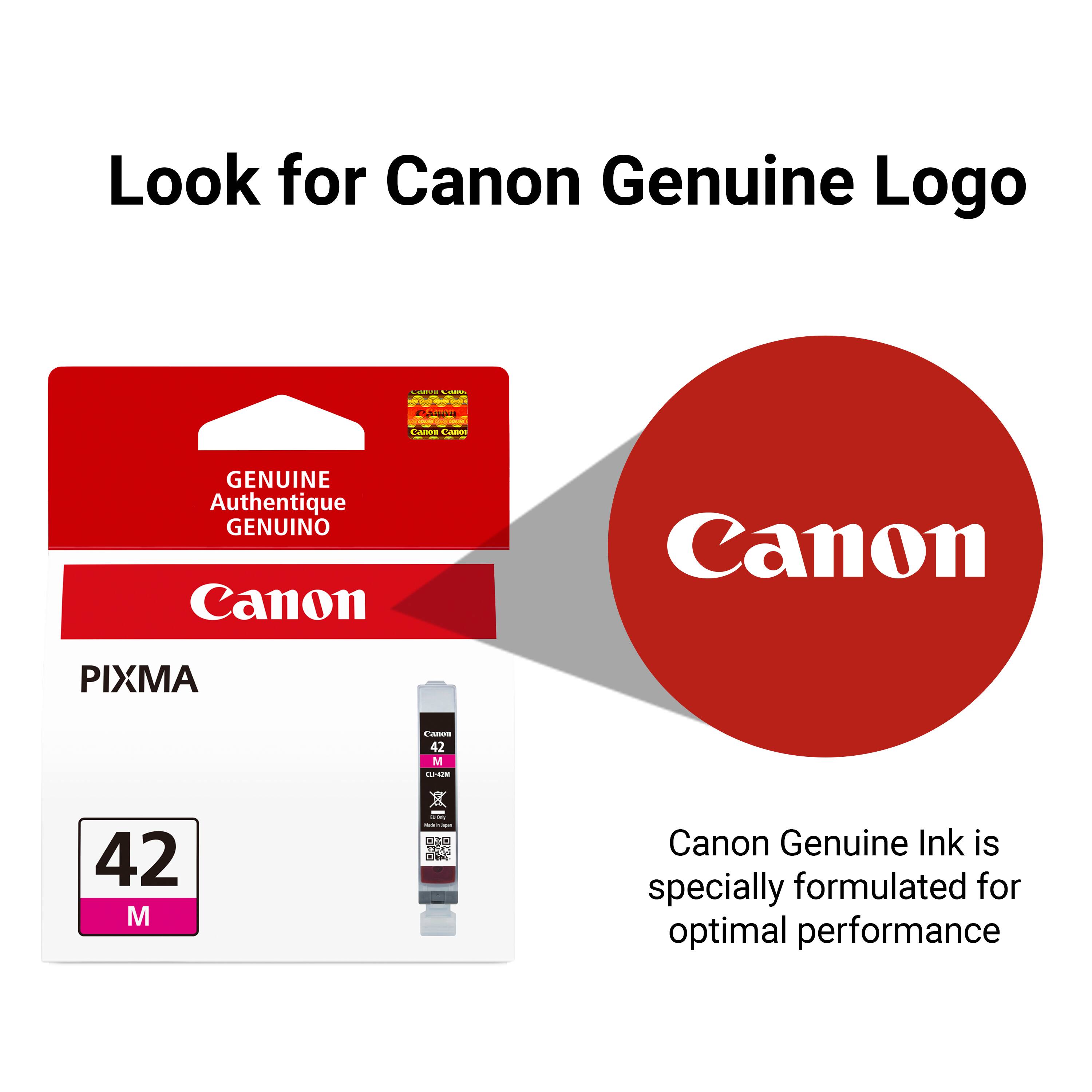 Look for Canon Genuine Logo

Calories CLUBLE
Sports
Canon Canor
GENUINE Authentique GENUINO Canon
Canon
PIXMA
Canon 42 M U-428
42 M
Only - 2019
Canon Genuine Ink is specially formulated for optimal performance