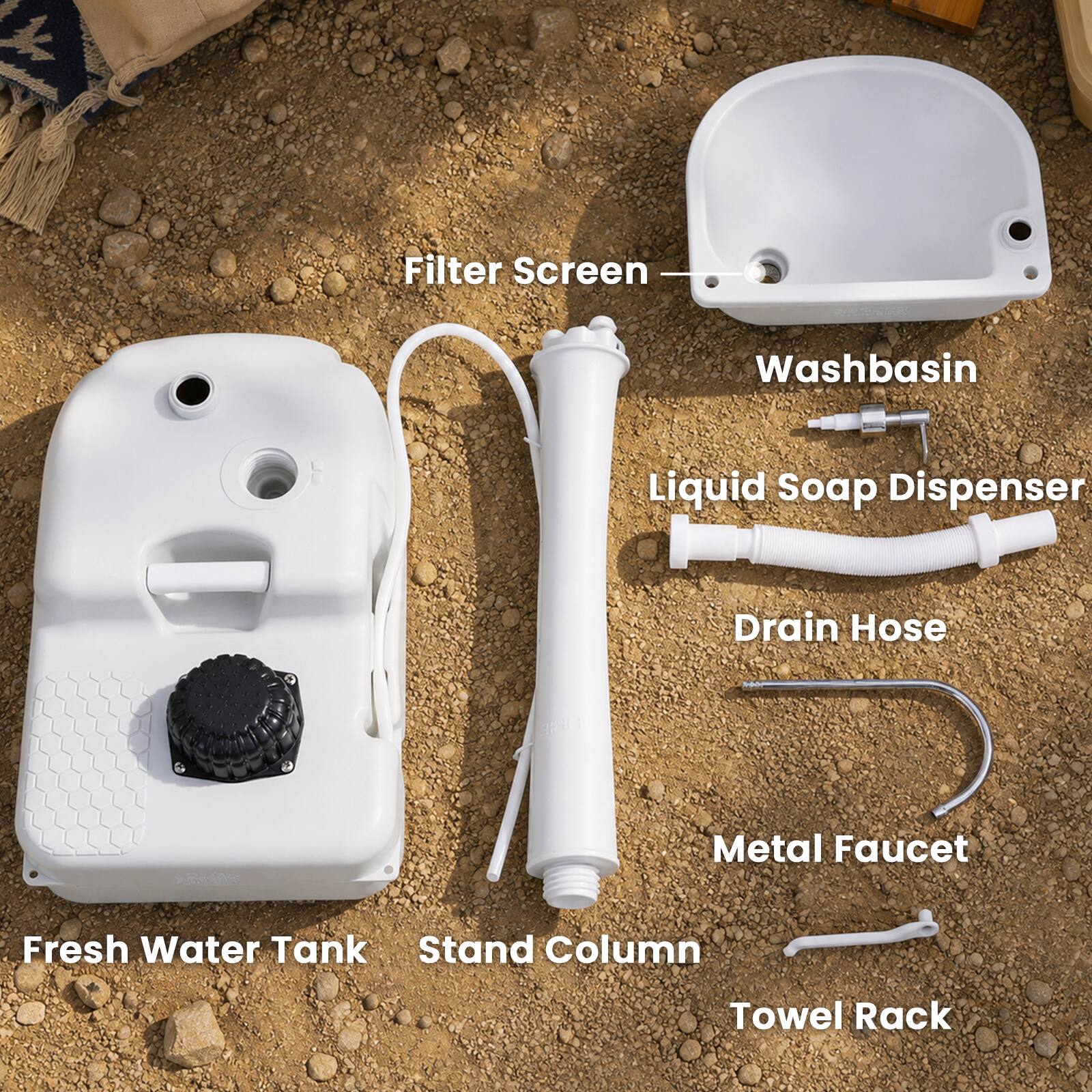 Filter Screen  
Washbasin  
Liquid Soap Dispenser  
Drain Hose  
Metal Faucet  
Fresh Water Tank Stand Column  
Towel Rack
