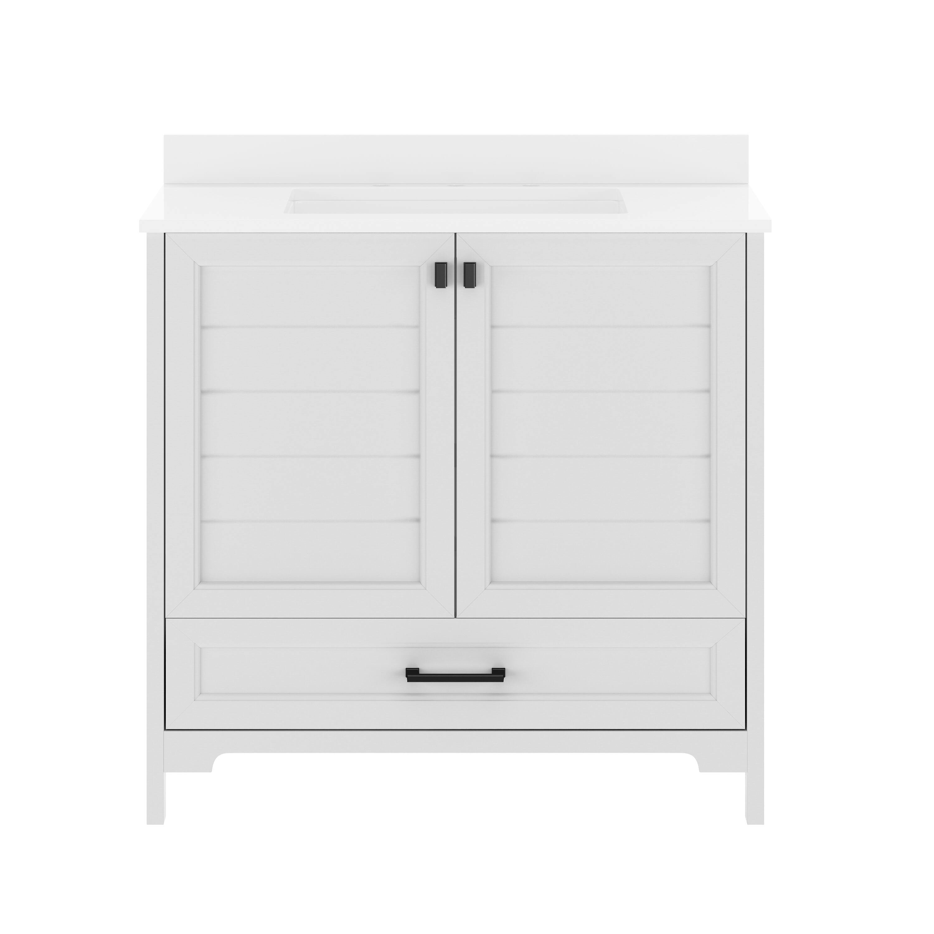 Angle. Flash Furniture - Haven 36" Bathroom Vanity with Sink, Storage Cabinet with Black Hardware, Soft Close Doors and Bottom Drawer, Carrara Ma - White.