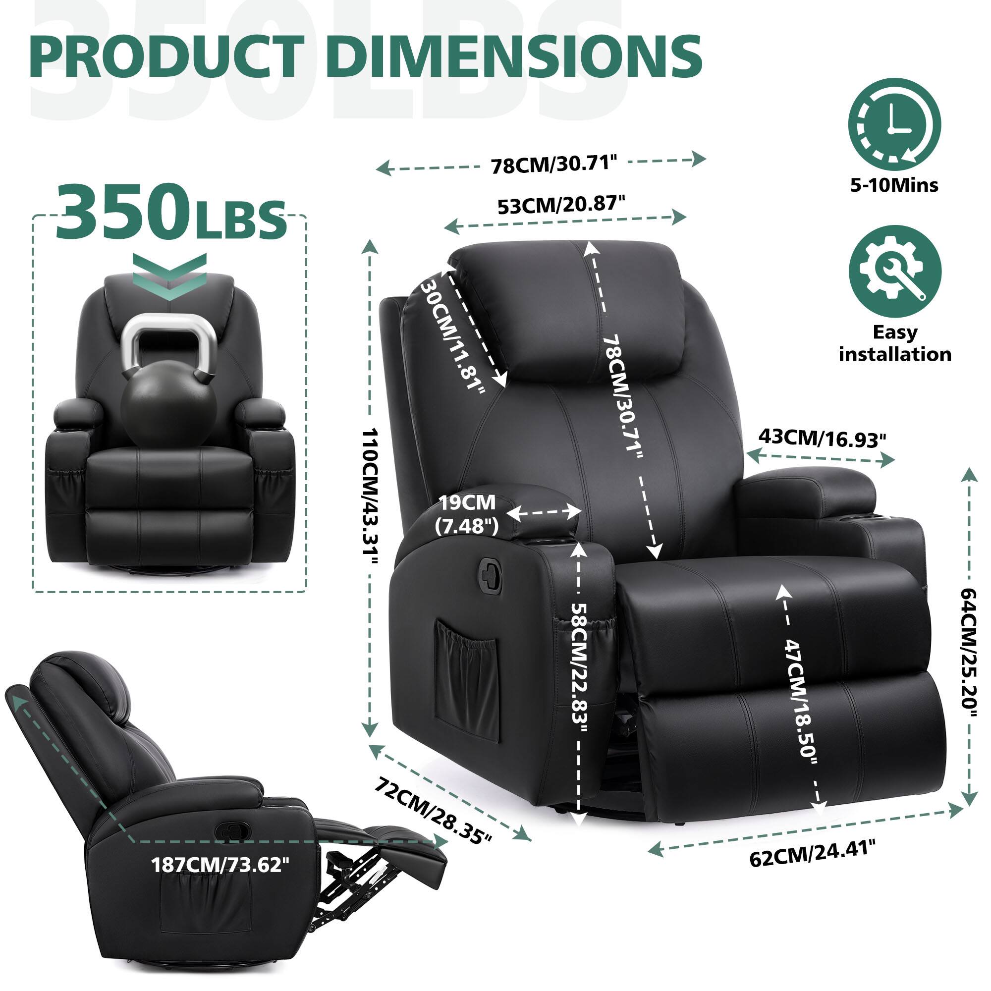 PRODUCT DIMENSIONS

350LBS

- 78CM/30.71"
- 53CM/20.87"
- 110CM/43.31" (7.48")
- 19CM
- 43CM/16.93"
- 58CM/22.83"
- 47CM/18.50"
- 64CM/25.20"
- 72CM/28.35"
- 187CM/73.62"
- 62CM/24.41"
- 64CM/25.20"

5-10 Mins

Easy installation