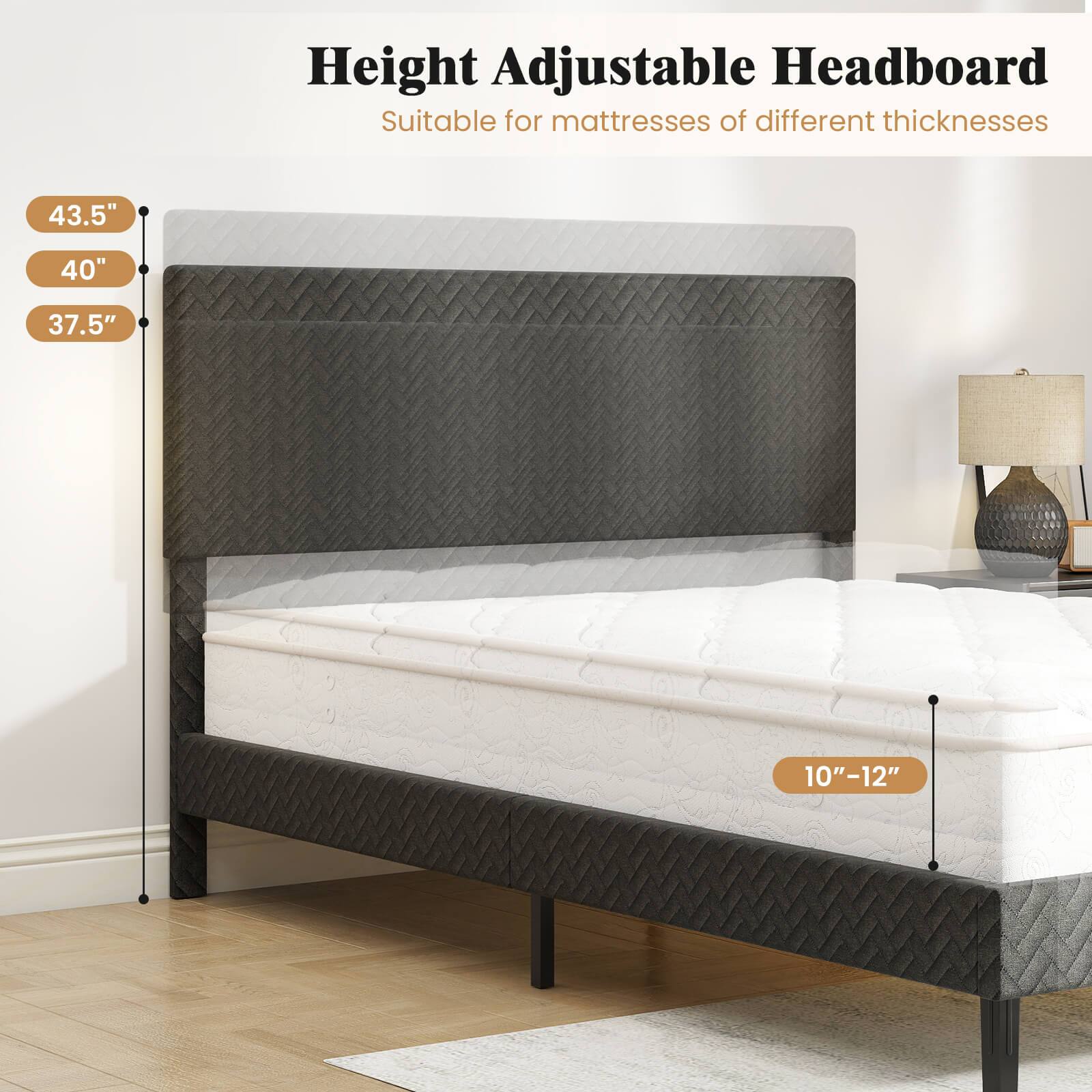 Height Adjustable Headboard  
Suitable for mattresses of different thicknesses  

43.5"  
40"  
37.5"  

10"–12"
