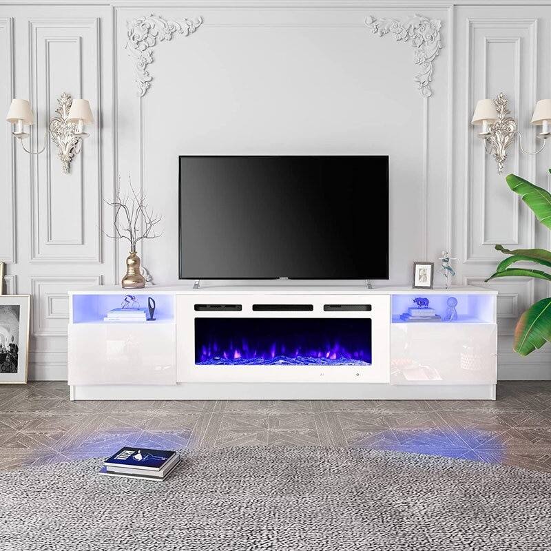 Angle. U-HOMY - 36'' Electric Fireplace TV Stand, Modern Entertainment Center with Storage & LED Lights for TVs up to 80'' - White.