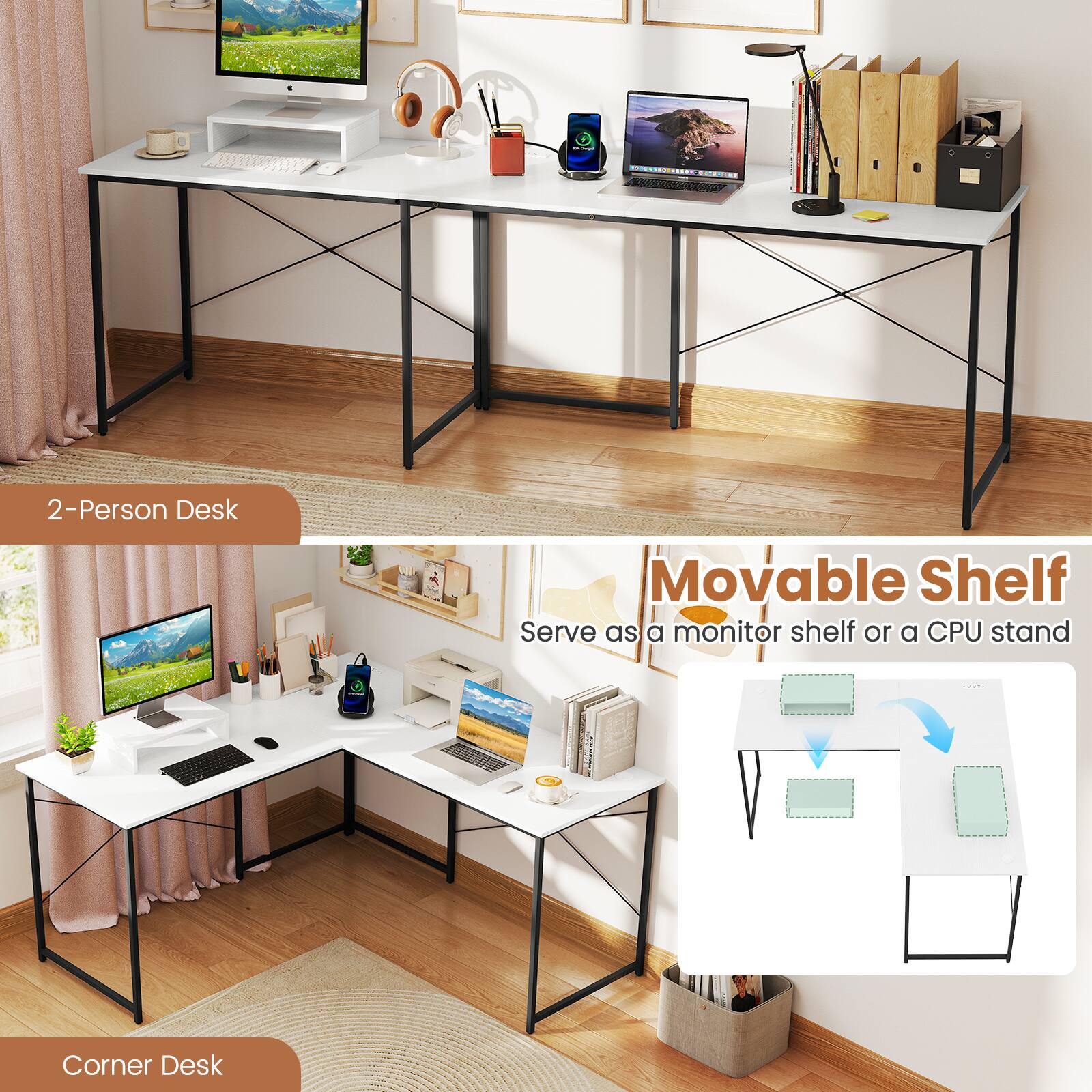 I 2-Person Desk, Corner Desk, Movable Shelf, Serve as a monitor shelf or a CPU stand