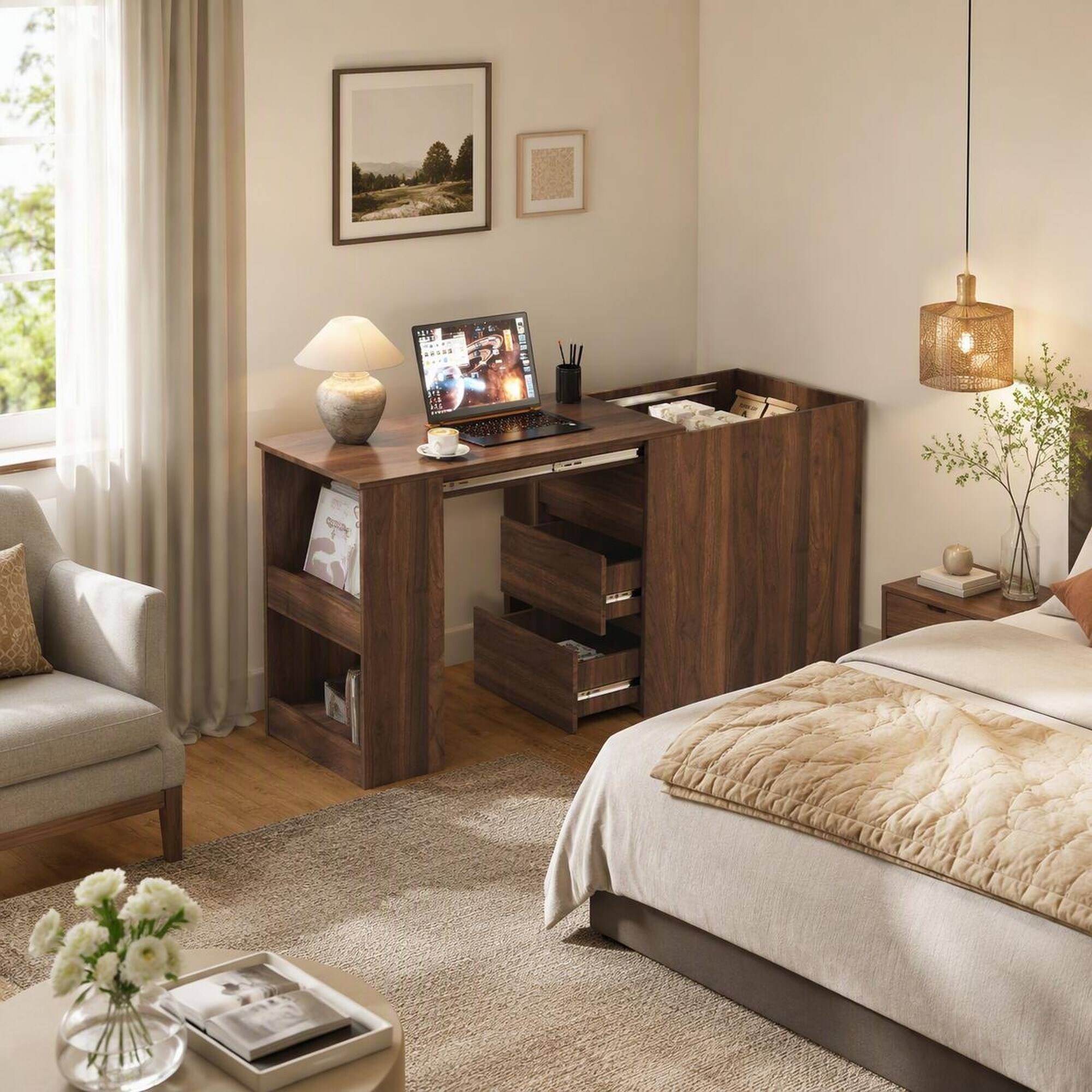 Left. RYHNUYNE - Modern Corner Computer Desk with Drawers and Storage Shelves, 15mm Particle Board, Foldable Writing Table for Home - Walnut.