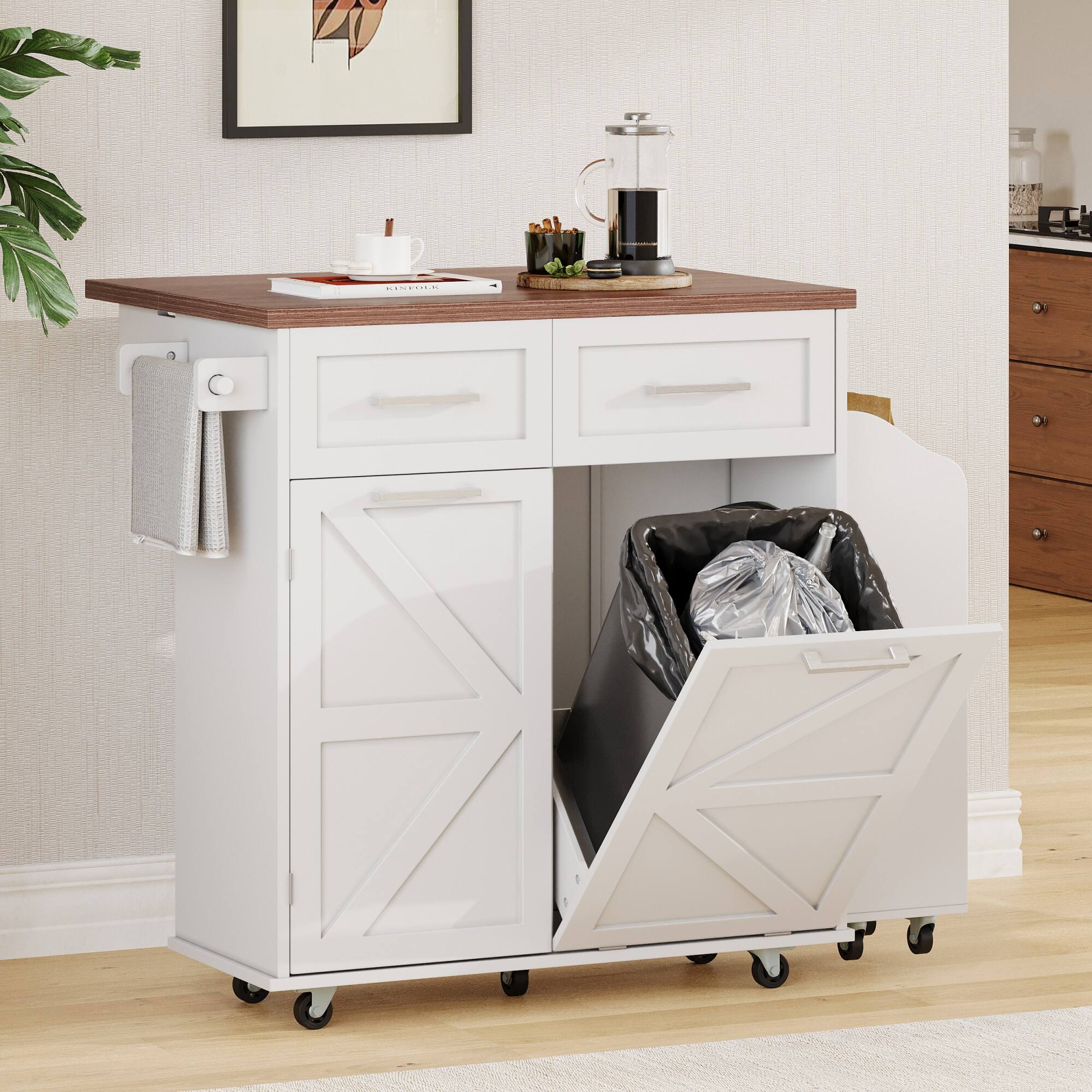 Alt View 10. Ecooso - 47.2" Farmhouse Kitchen Island with Drop Leaf, Removable Side Shelf, Concealed Trash Cabinet, Ample Storage on Wheels - White.
