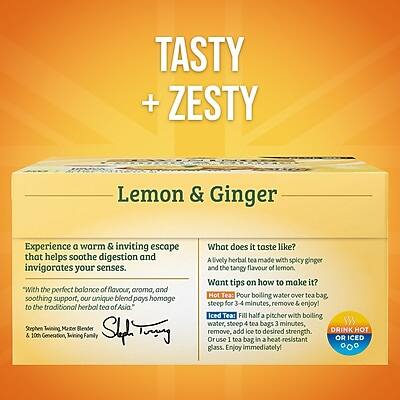 **TASTY + ZESTY Lemon & Ginger**

Experience a warm & inviting escape that helps soothe digestion and invigorates your senses. "With the perfect balance of flavour, aroma, and soothing support, our unique blend pays homage to the traditional herbal tea of Asia."  
Stephen Twining Master Blender  
7th Generation, Twining Family

**What does it taste like?**  
A lively herbal tea made with spicy ginger and the tangy flavour of lemon.

**Want tips on how to make it?**

- **Hot Tea:** Pour boiling water over tea bag, steep for 3-4 minutes, remove & enjoy!
- **Iced Tea:** Fill half a pitcher with boiling water, steep 4 tea bags for 3 minutes, add ice to desired strength.

**DRINK HOT or ICED**  
Remove, or use 1 tea bag in a heat-resistant glass. Enjoy immediately!