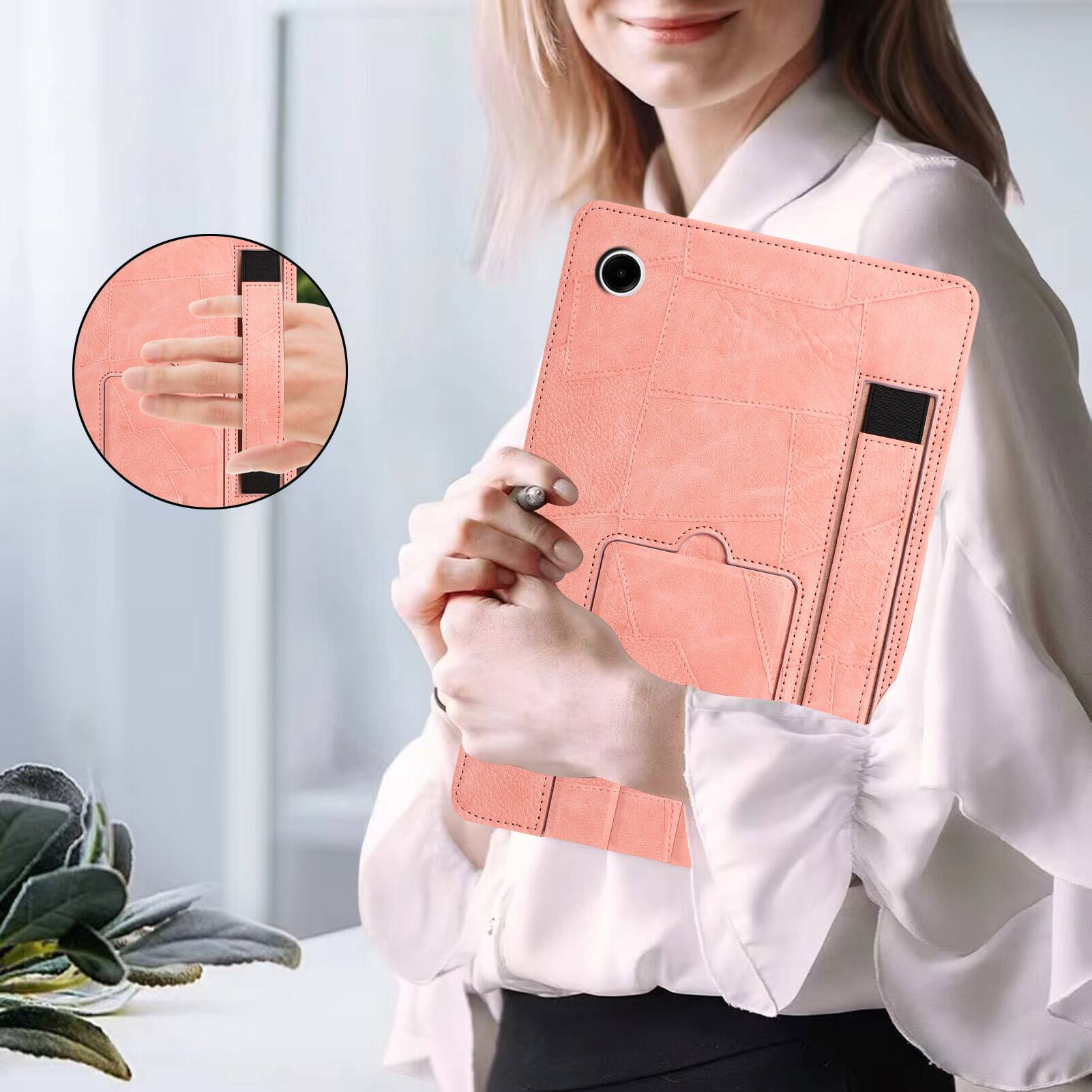 Alt View 1. Dteck - Leather Texture Case for Samsung Galaxy Tab A9, Shockproof Protective Cover with Multi-Angle Stand and Secure Hand Strap - Pink.