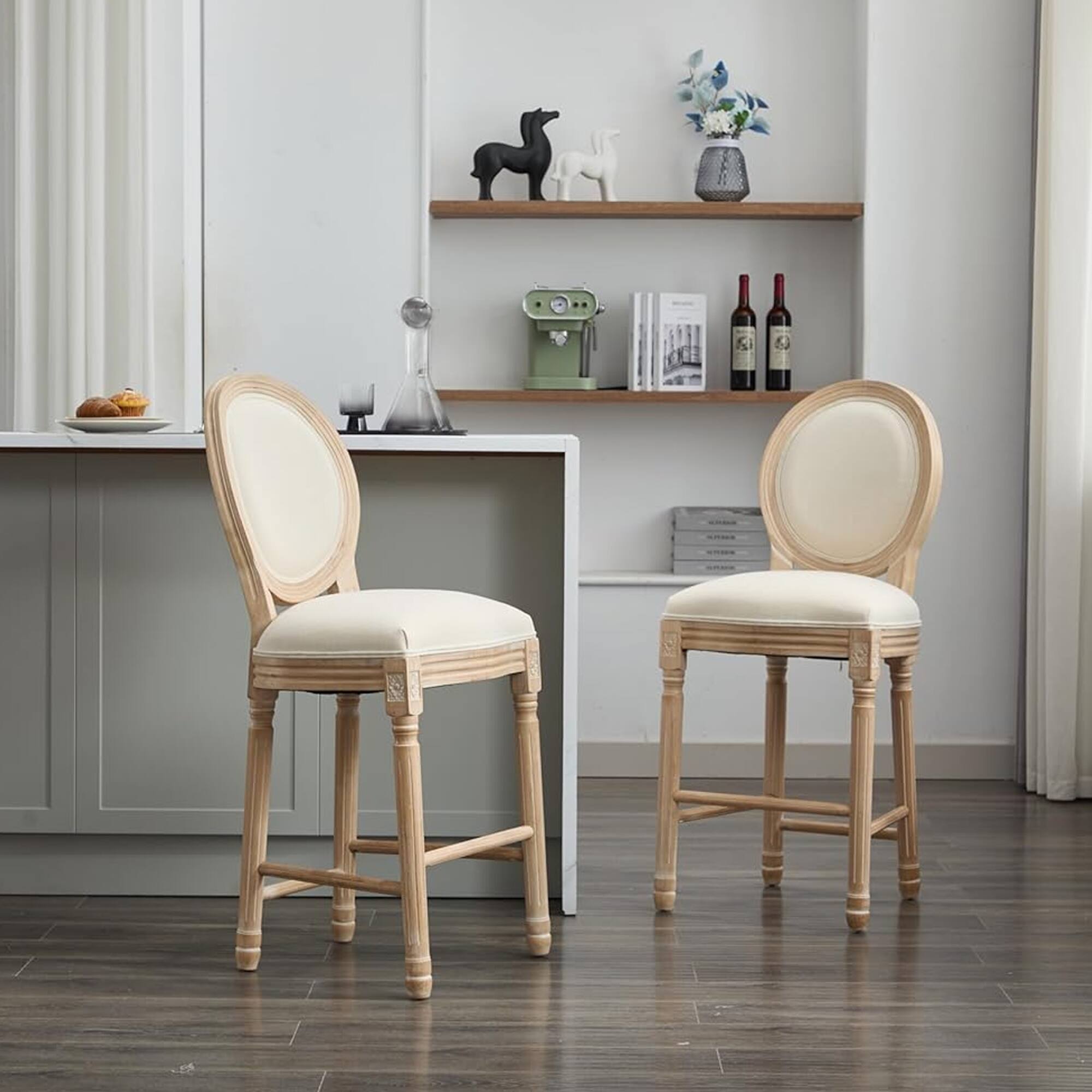 Front. HTUTWOO - Solid Wood Bar stools Set of 2, French Country Counter Height Chairs, with Cushion Back for Kitchen Island, Dining Room - Beige .