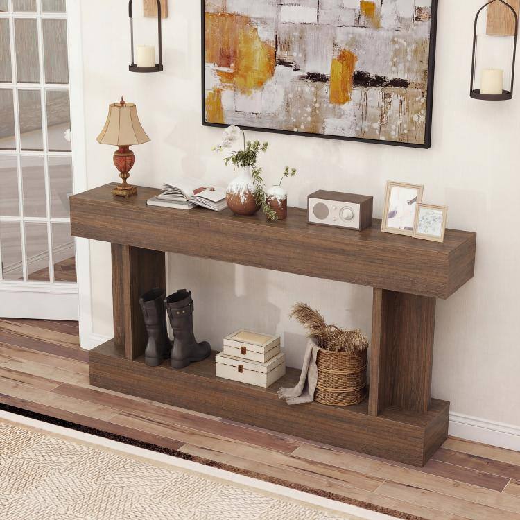 Alt View 7. PULUZ - 63 Inch Long Console Table, Vintage Narrow Entryway Table with Storage Shelf for Living Room and Hallway - Brown.