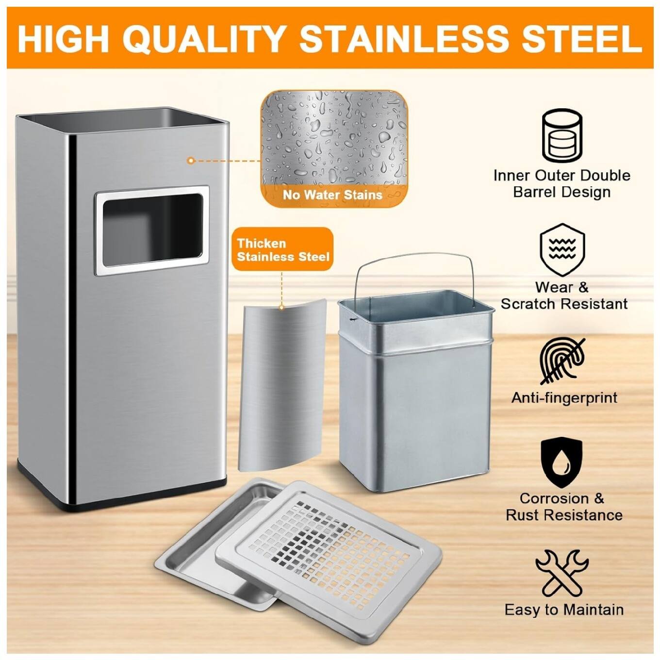 HIGH QUALITY STAINLESS STEEL  
- No Water Stains  
- Inner Outer Double Barrel Design  
- Thickened Stainless Steel  
- Wear & Scratch Resistant  
- Anti-fingerprint  
- Corrosion & Rust Resistance  
- Easy to Maintain