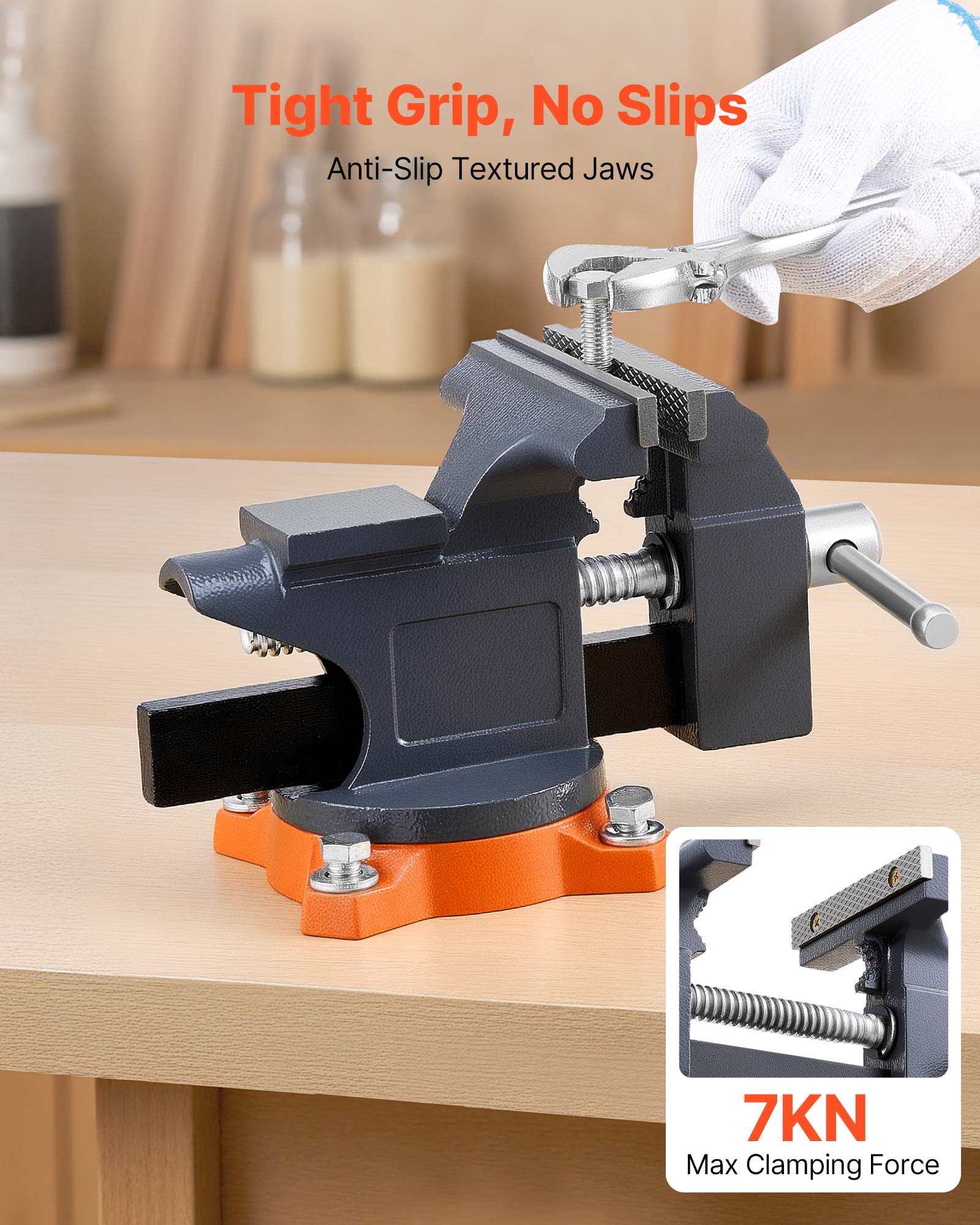 Tight Grip, No Slips  
Anti-Slip Textured Jaws  

7KN Max Clamping Force