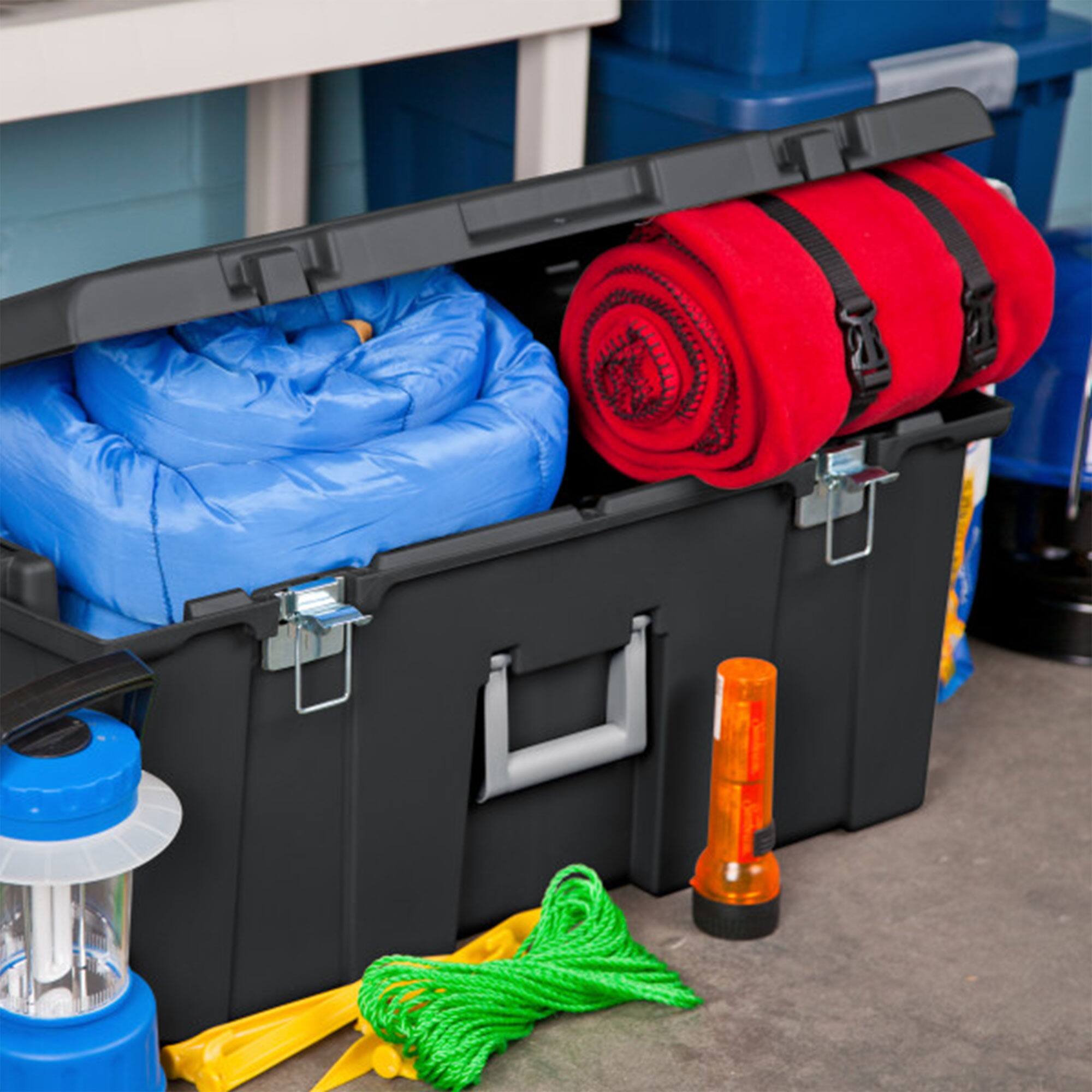 Alt View 4. Sterilite - Sterilite Wheeled Footlocker, Plastic Utility Storage Container, Black, 3 Pack - Black.