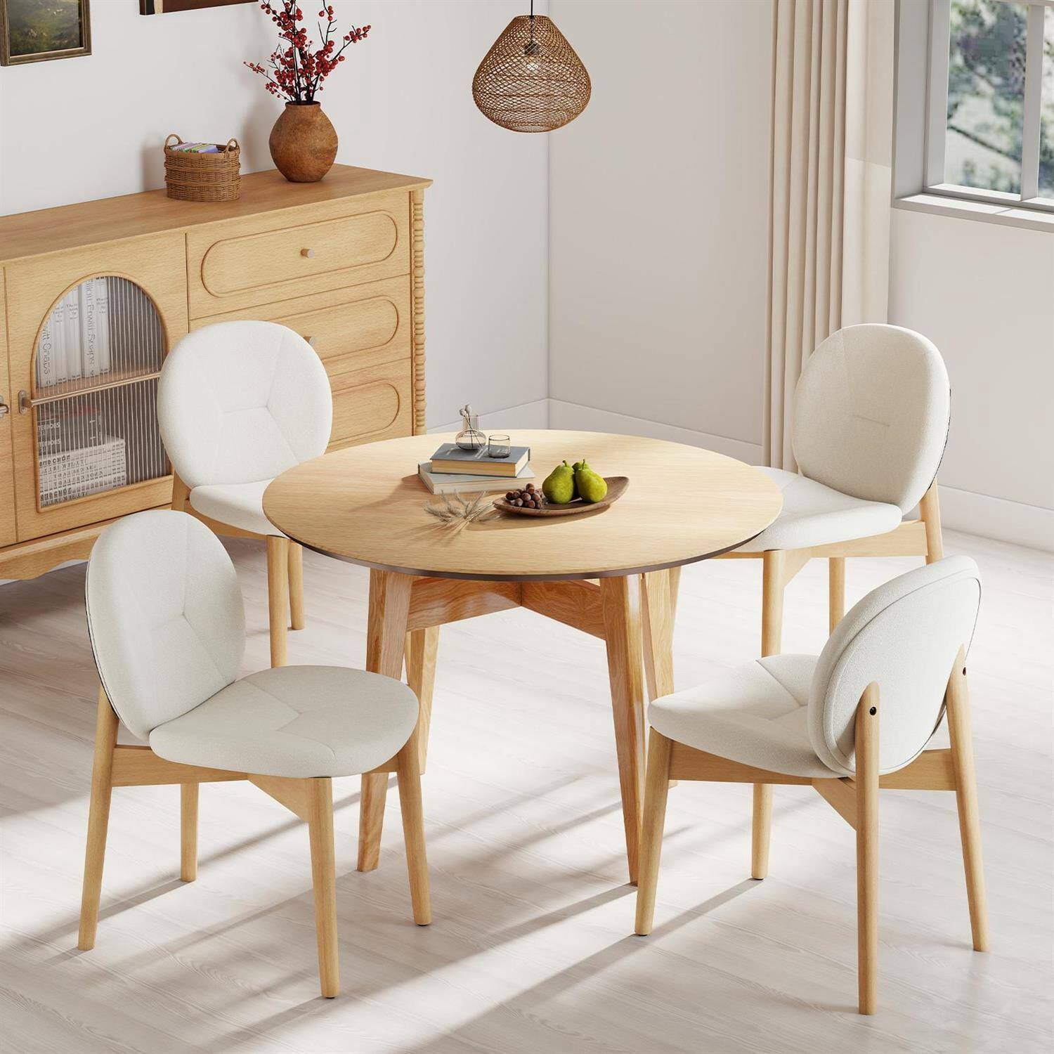 Back. Pefilos - Wooden Dining Chair Set of 2, Solid Rubber Wood Legs, Padded Cushion, Curved Back, White - White.