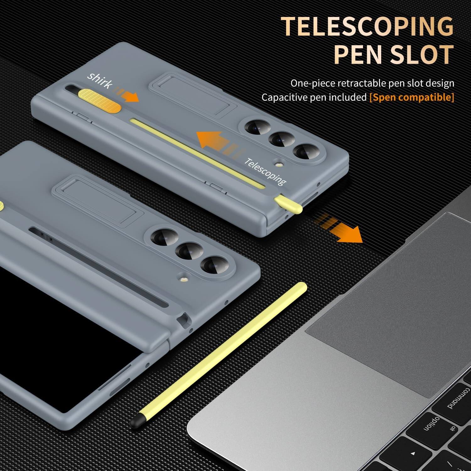 shirk TELESCOPING PEN SLOT  
One-piece retractable pen slot design  
Capacitive pen included [Spen compatible]  
Telescoping command option