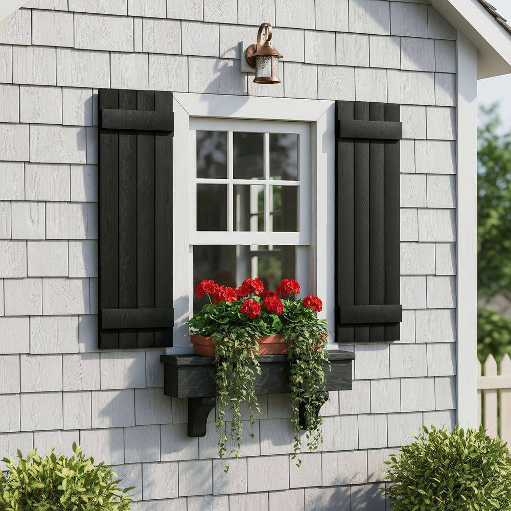 Left. Kadyn - Classic Board & Batten Faux Shutters with 2 Horizontal Bars for Timeless and Durable Exterior Elegance, 14"x39", Black - Black.