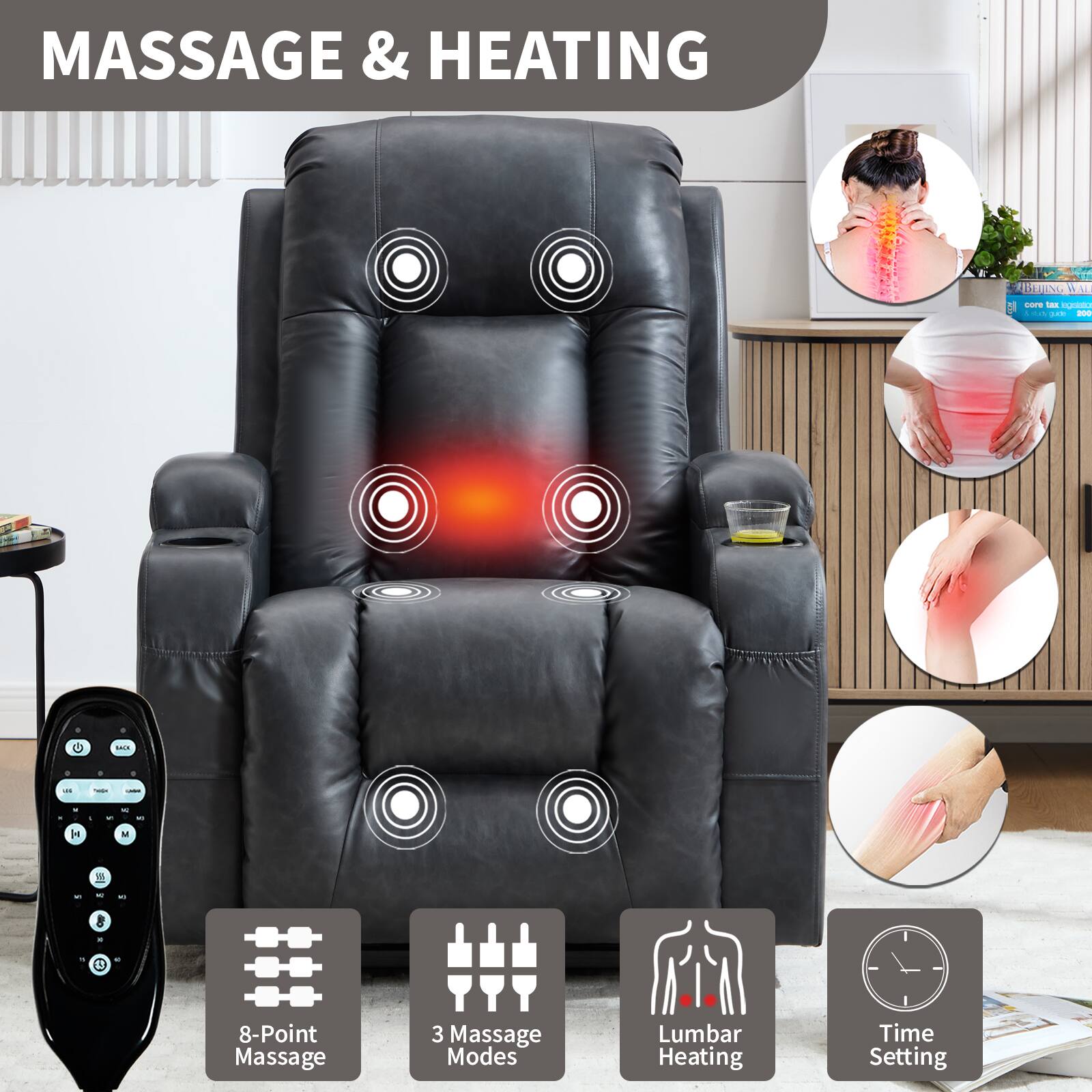 MASSAGE & HEATING

8-Point Massage  
3 Massage Modes  
Lumbar Heating  
Time Setting