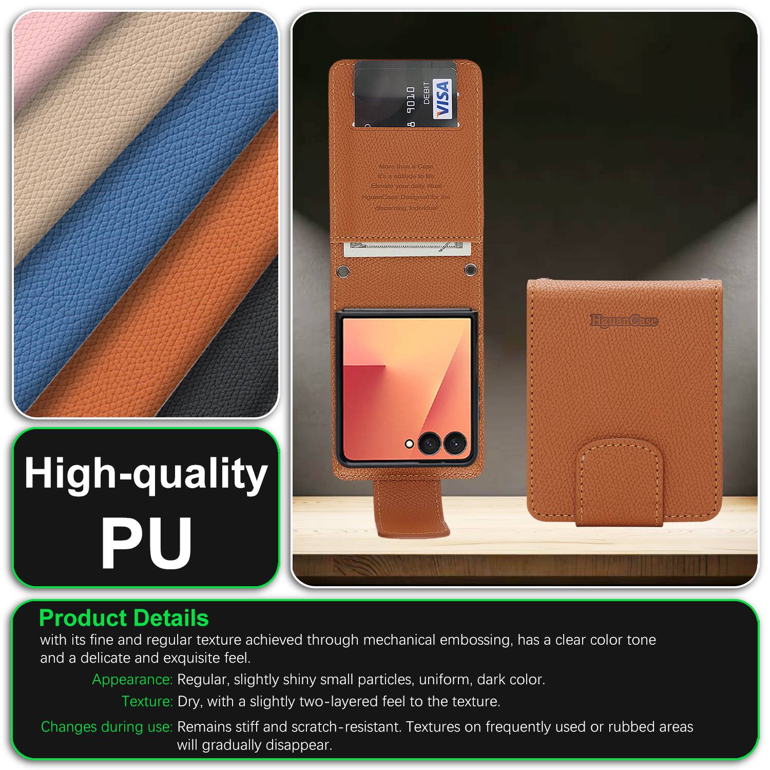 High-quality PU

Product Details

with its fine and regular texture achieved through mechanical embossing, has a clear color tone and a delicate and exquisite feel.

Appearance: Regular, slightly shiny small particles, uniform, dark color.

Texture: Dry, with a slightly two-layered feel to the texture.

Changes during use: Remains stiff and scratch-resistant. Textures on frequently used or rubbed areas will gradually disappear.