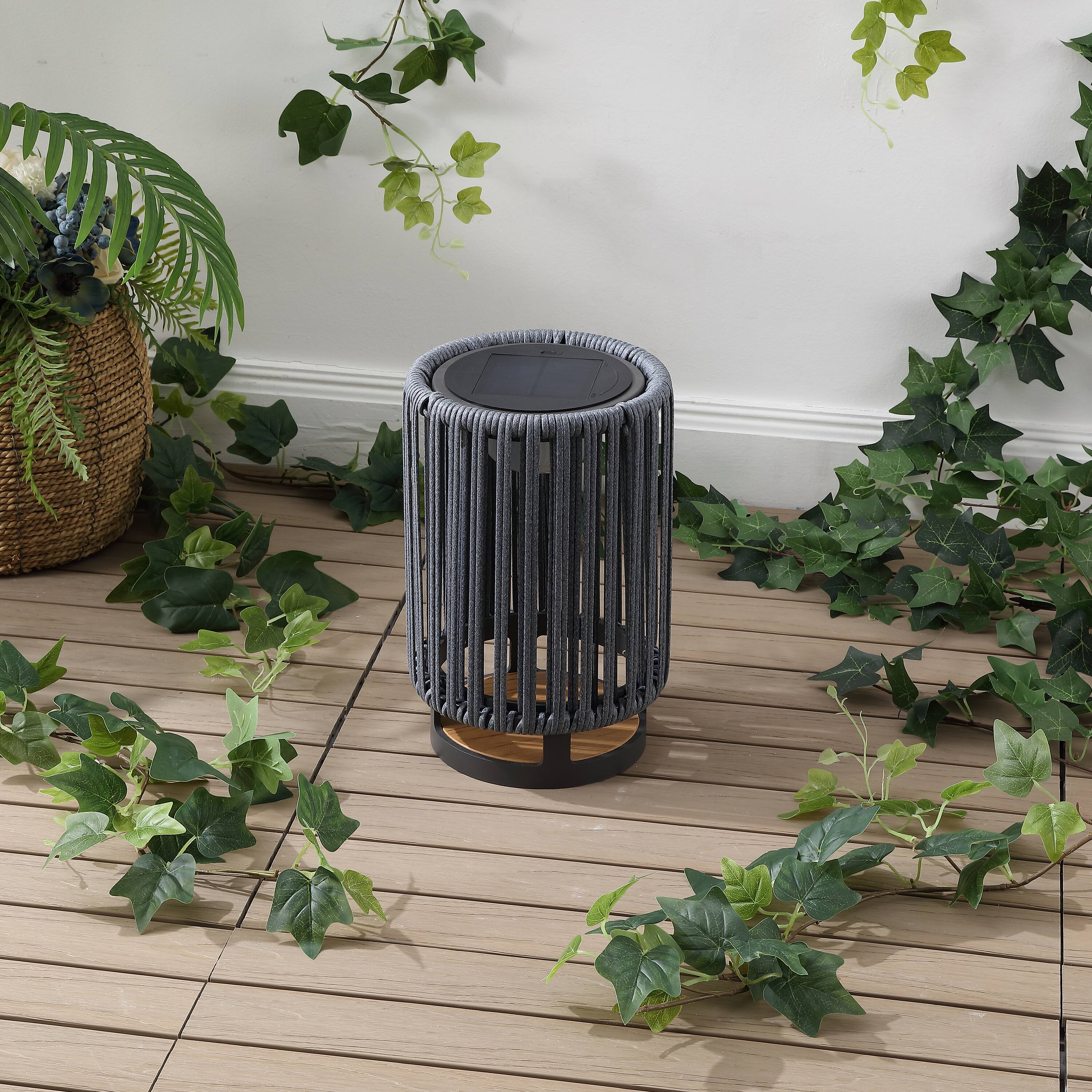 Alt View 7. Jonathan Y - Sawara 12.5" Modern Minimalist Faux Rattan Integrated Indoor/Outdoor LED Solar Powered Lantern, Charcoal/Black - Black/Gray.