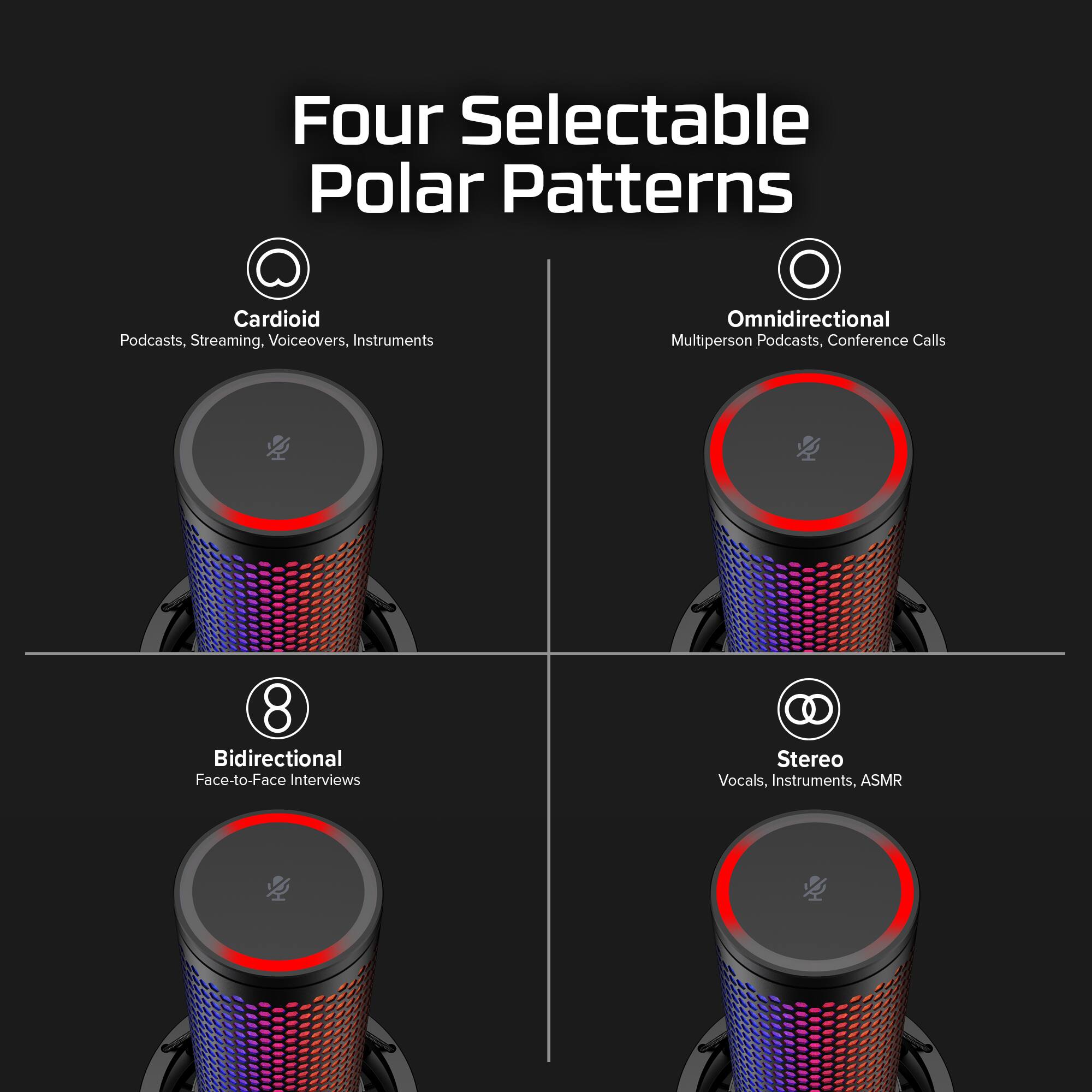 Four Selectable Polar Patterns:

1. Cardioid: Podcasts, Streaming, Voiceovers, Instruments
2. Omnidirectional: Multiperson Podcasts, Conference Calls
3. Bidirectional: Face-to-Face Interviews
4. Stereo: Vocals, Instruments, ASMR