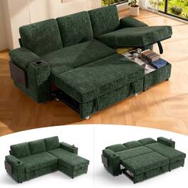 Vipbear - 85" Modular Sectional Sleeper Sofa with Pull Out Bed, 3 Seat L Shaped with Reclining Backrest,Chenille Green - Green