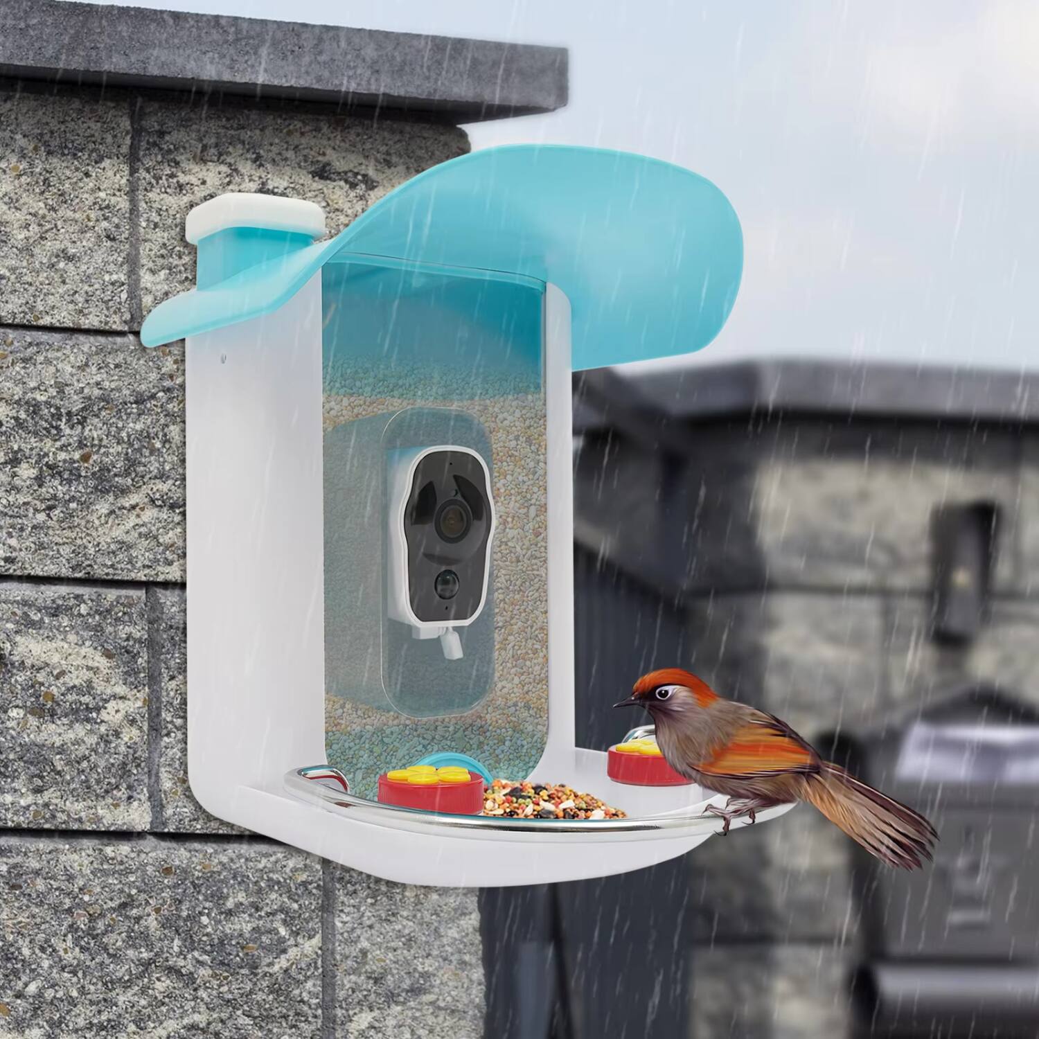 Front. Luckbyte - 2.5L Solar Smart Bird Feeder with 1080P Camera, Outdoor House for Garden & Yard - Blue.