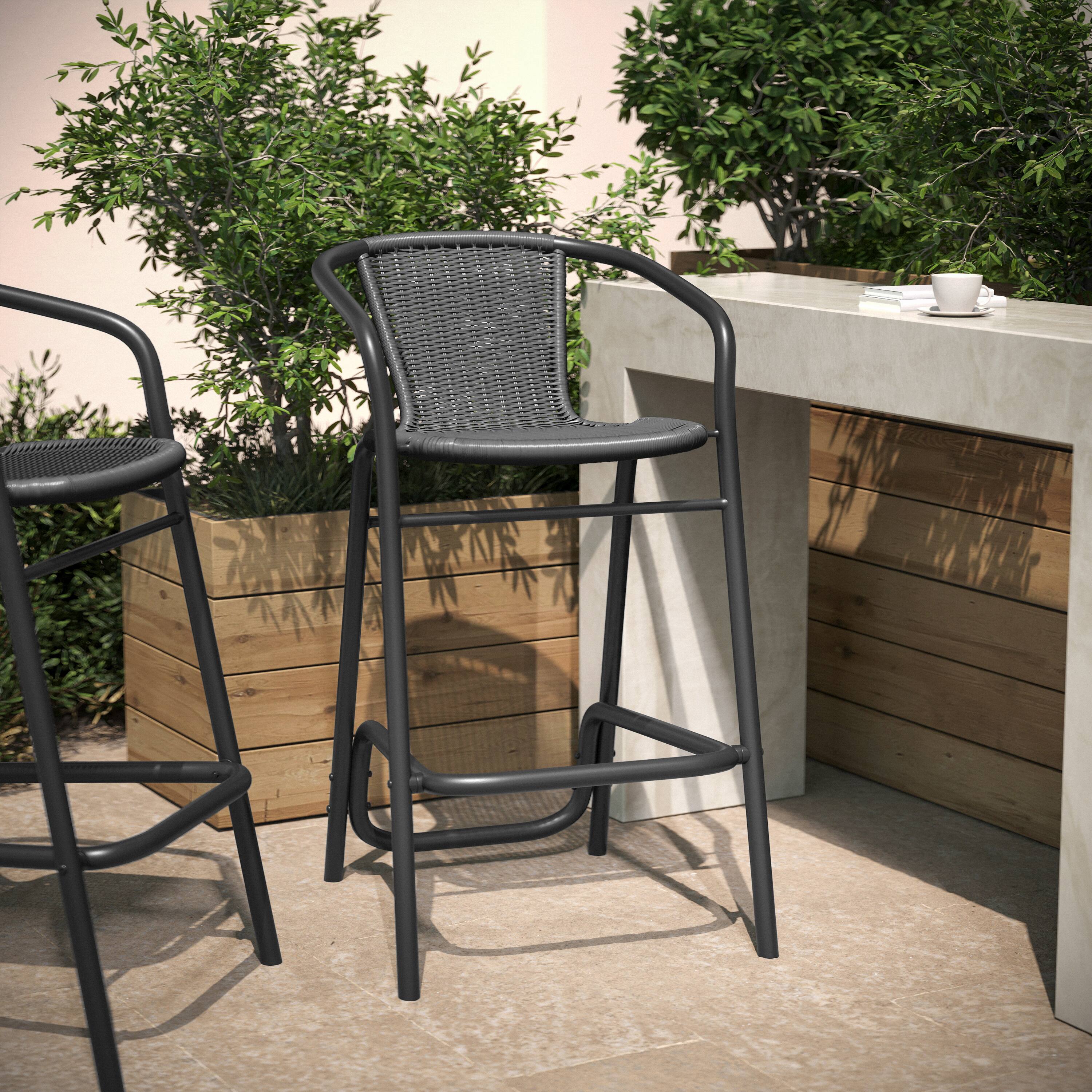 Alt View 1. Flash Furniture - Lila Commercial Grade Indoor-Outdoor PE Rattan Restaurant Barstool with Black Aluminum Frame and Footrest in Gray - Gray.