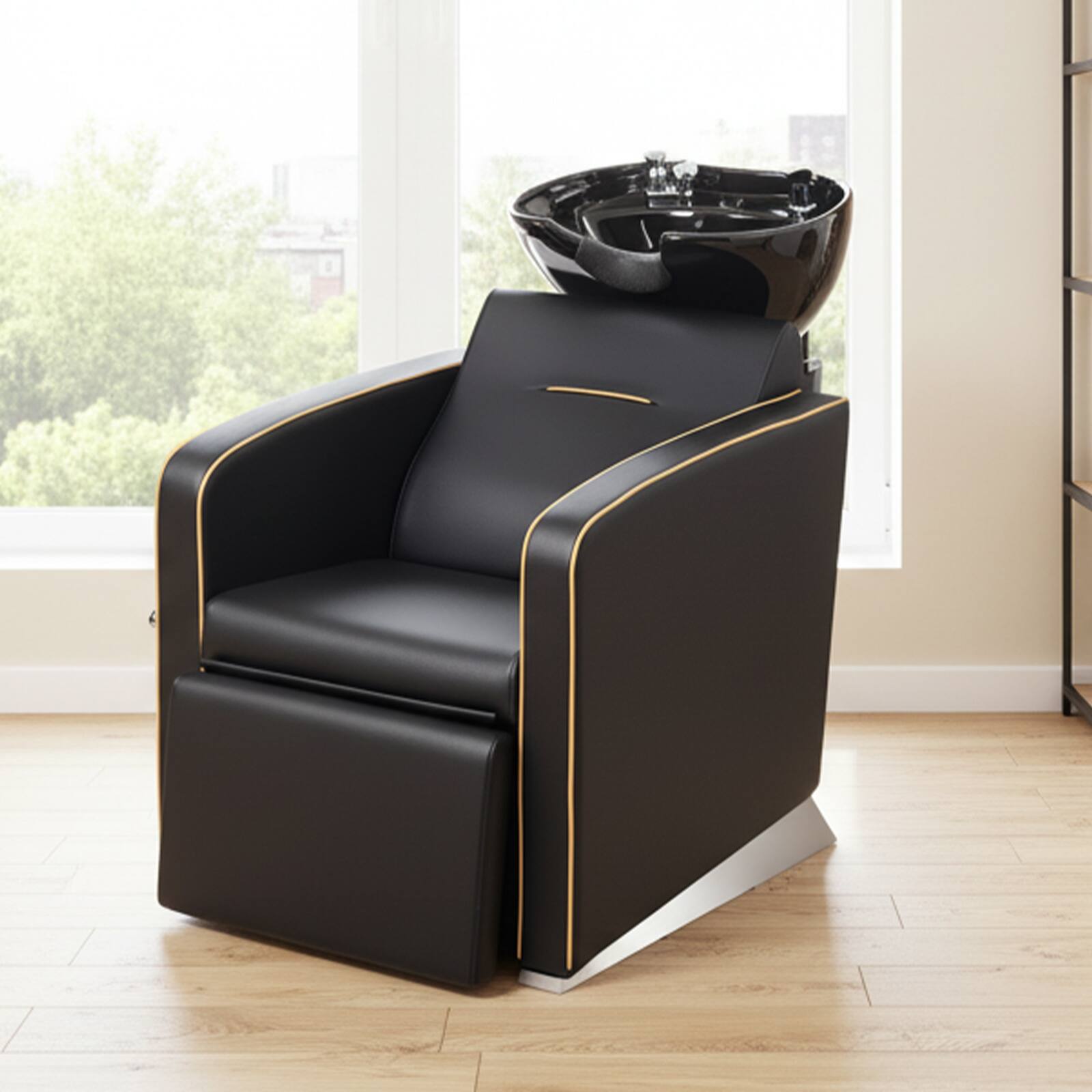 Left. Winado - Backwash Shampoo Unit Salon Chair Hair Washing Station with Ceramic Bowl & Adjustable Footrest for Beauty Spa Barbershop - Black.