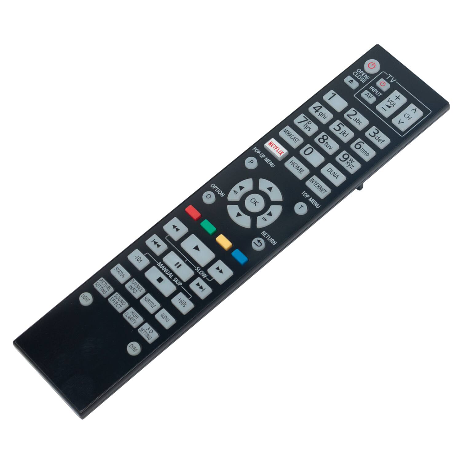 Sure, here is the corrected and grouped text from the image:

**Top Section:**
- OPTION 411
- -10s
- STATUS MANUAL SLOW FLAT SACK SKIP
- SETTING INFO LIGHT SOUND SUBTITLE 509+ YTRAD HIGH D0T SETTING 3D TNG DIM

**Middle Section:**
- e TV 1 AV INPUT + 4 VOL : ^ ghi 2 CH 7 abc V ars 5 jkl 3 MRACAST 8tuv 3def NETFLIX tuv Omno POP-UP 0 P MENU 9 W HOME xyz DLNA TOP INTERNET OK MENU T 41 RETURN

**Right Section:**
- OPEN CLOSE
- TV
- INPUT AV
- + VOL
- - CH
- 1
- 2 abc
- 3 def
- 4 ghi
- 5 jkl
- 6 mno
- 7 pqrs
- 8 tuv
- 9 wxyz
- 0
- POP-UP MENU
- HOME
- INTERNET
- TOP MENU
- RETURN

**Bottom Section:**
- OPTION
- -