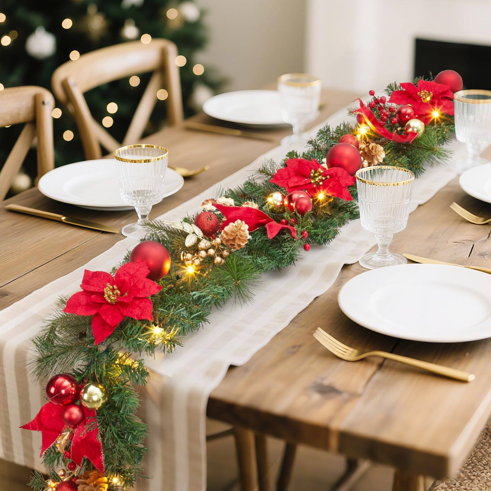 Angle. Acekool - 6FT Pre-Lit Christmas Garland Battery Operated Xmas Garland with 20 Lights for Fireplace Mantle Indoor Outdoor Decor - Red Gold.