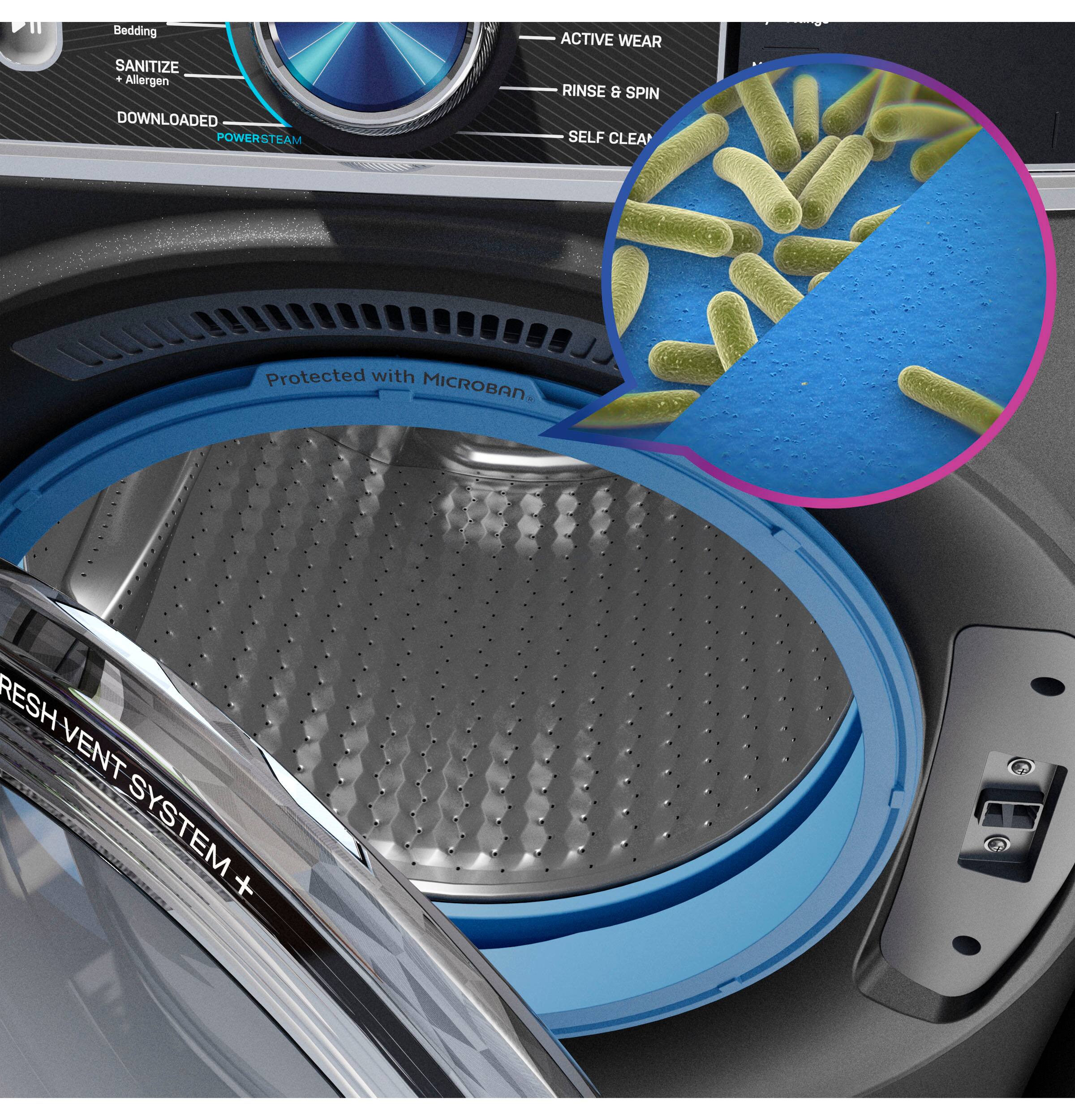 The text on the image is:
"11 Bedding SANITIZE + Allergen DOWNLOADED POWERSTEAM ACTIVE WEAR RINSE & SPIN SELF CLEAN Protected with MICROBAN RESH VENT SYSTEM +"
The corrected text is:
"11 Bedding SANITIZE + Allergen DOWNLOADED POWERSTEAM ACTIVE WEAR RINSE & SPIN SELF CLEAN Protected with MICROBAN RESH VENT SYSTEM +"