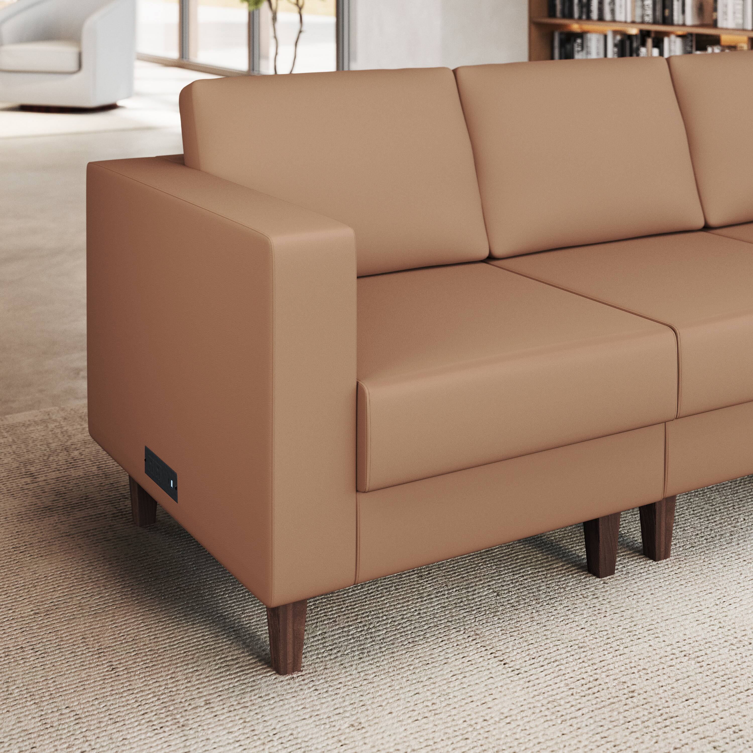 Alt View 1. Flash Furniture - HERCULES Artemis Cognac LeatherSoft Left Arm Reception Chair, 2 AC Outlets/1 USB/1 USB-C Ports and Wooden Walnut Legs wi - Brown.