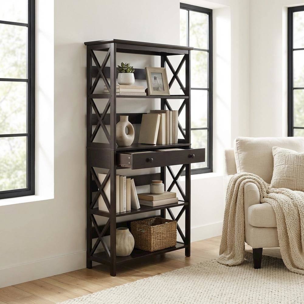 Alt View 1. FurniFact - Wooden 5-Tier Bookcase with Drawer for versatile storage and organization - Black.