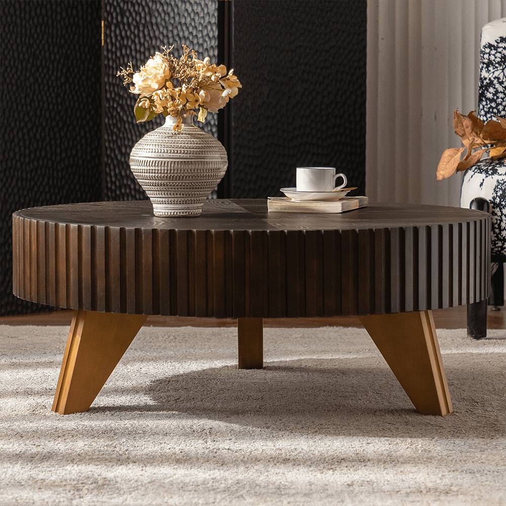 Angle. Trinkets Crazed - Solid Round Coffee Table, Pedestal Design With Rustic Wood Grain | Space-Saving Accent Table - Brown.