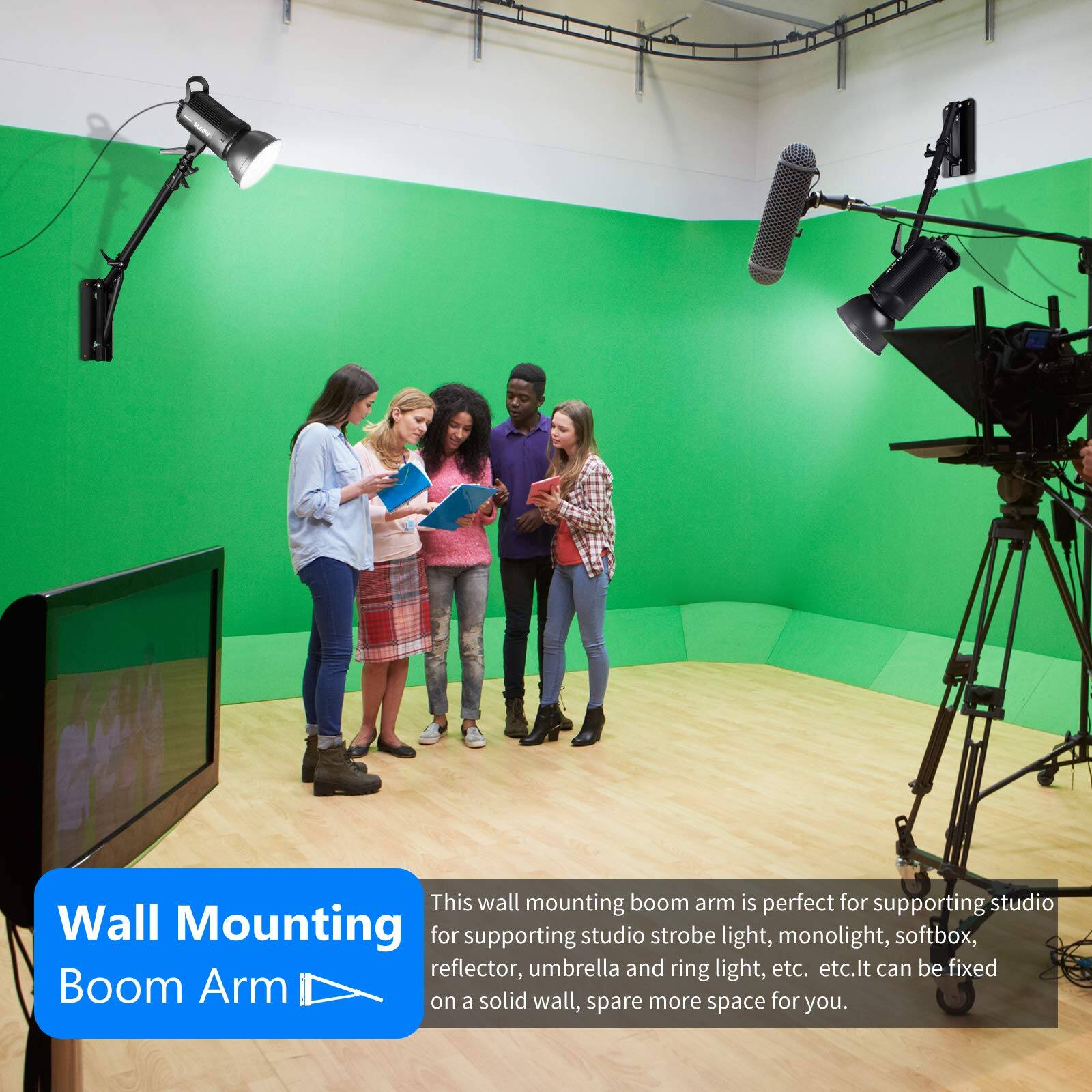 This wall mounting boom arm is perfect for supporting studio lighting equipment such as strobe lights, monolights, softboxes, reflectors, umbrellas, and ring lights. It can be fixed on a solid wall, saving more space for you.