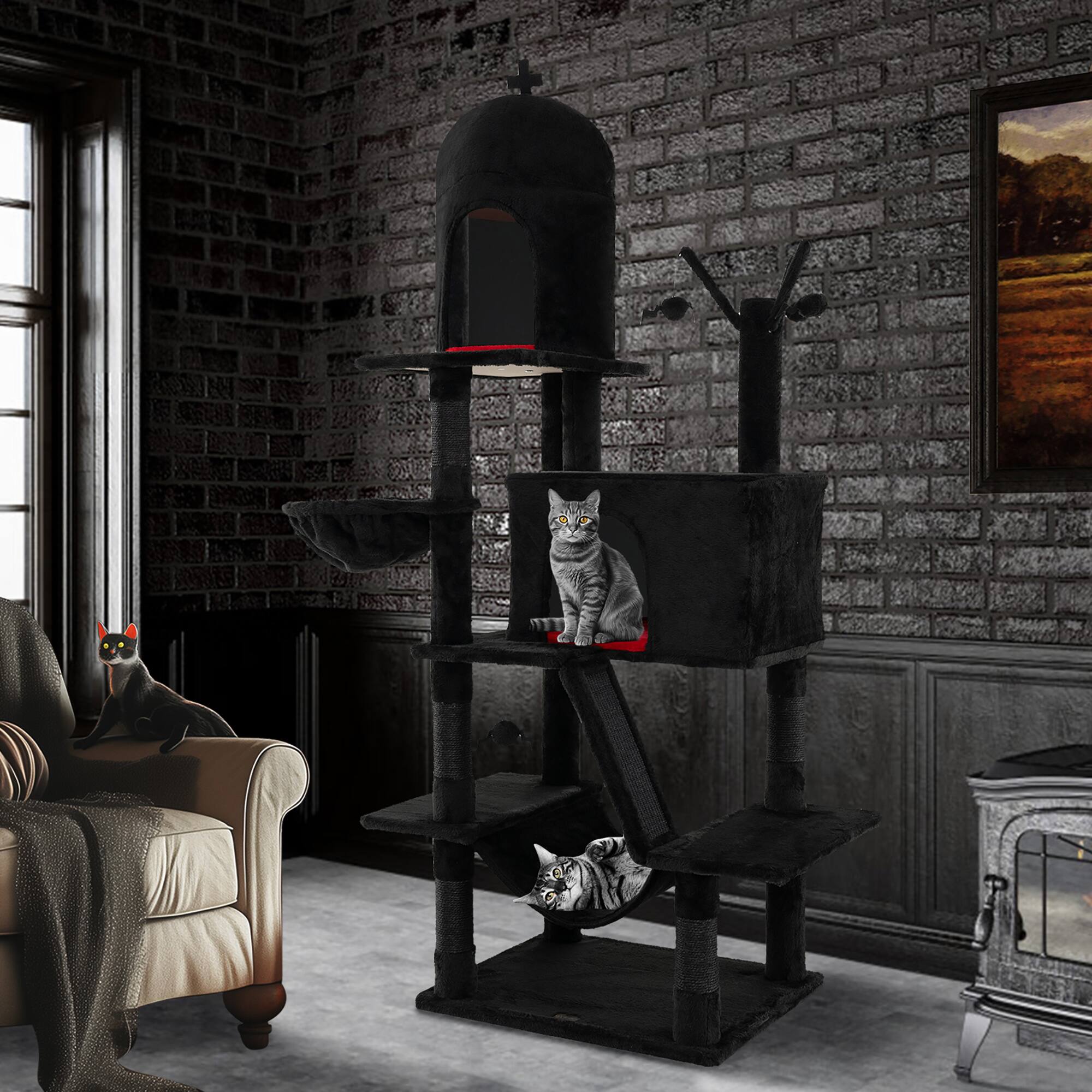 Alt View 4. Gymax - Gymax Gothic Cat Tree for Indoor Cats Black Large Cat Tower w/ 2 Cat Condos.