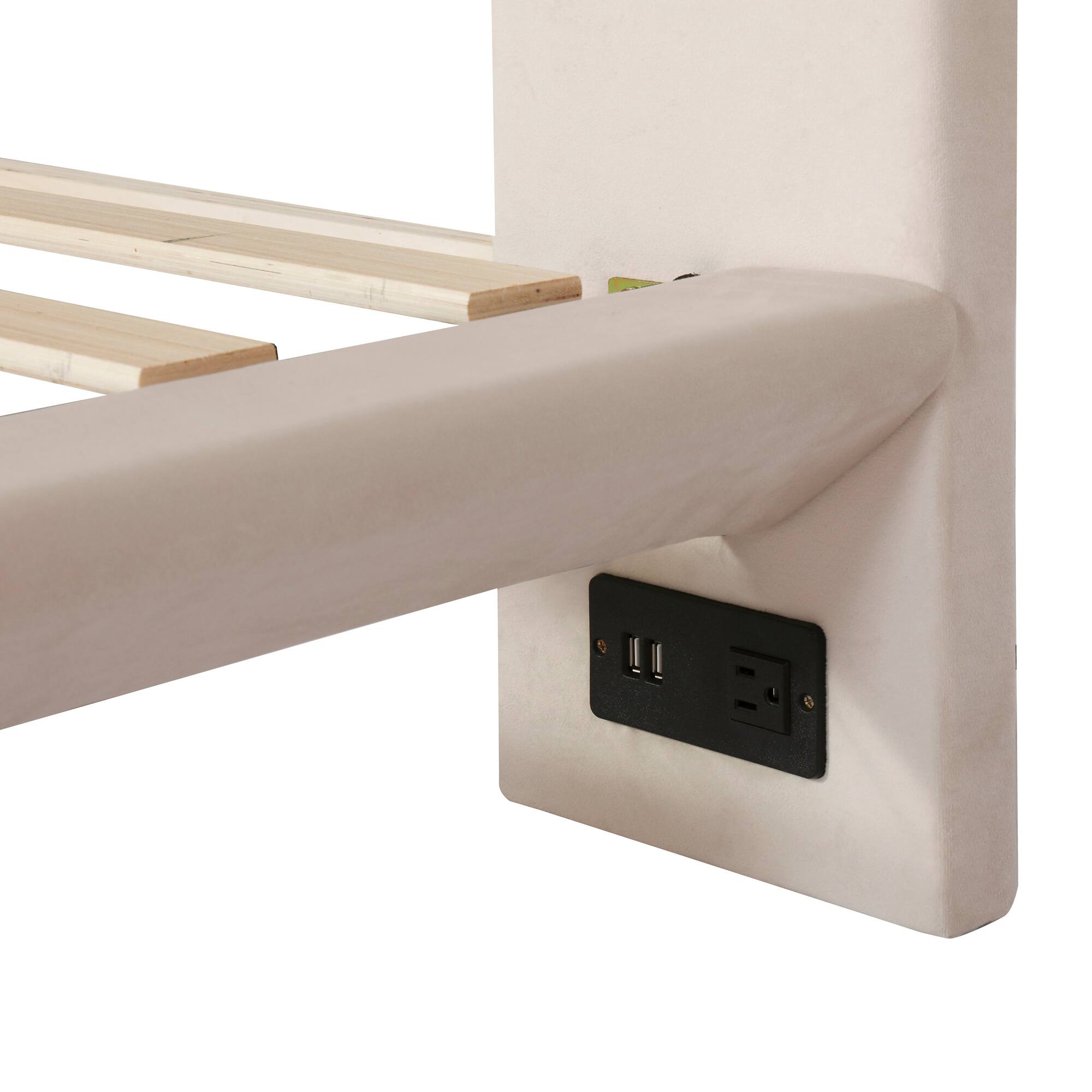 Alt View 9. Tiramisubest - Queen Size Upholstered Platform Bed with Sensor Light and 2 Large Backrests, 2 sets of USB Port and Socket - Beige.