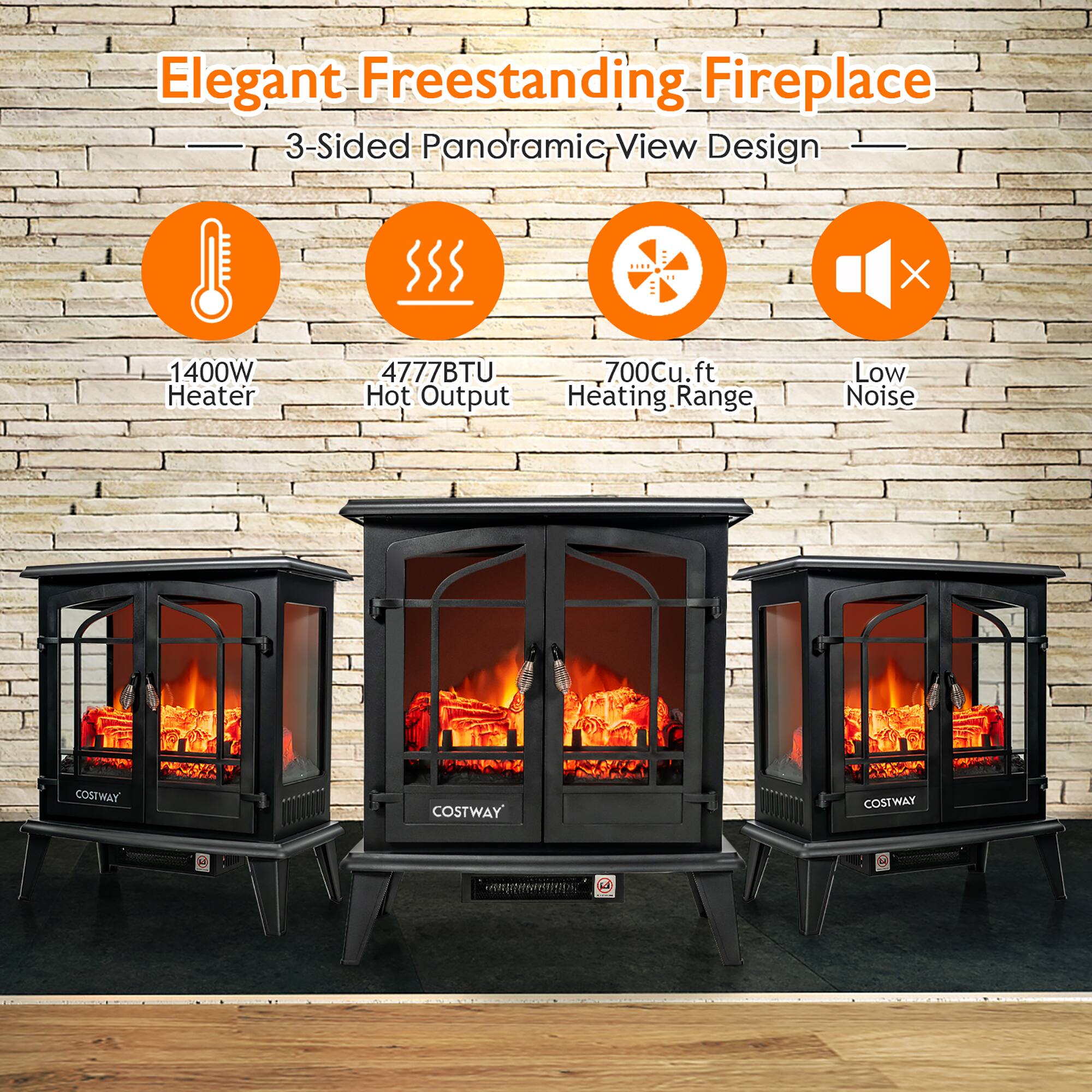 Elegant Freestanding Fireplace  
3-Sided Panoramic View Design  

- 1400W Heater  
- 4777BTU Hot Output  
- 700Cu. ft Heating Range  
- Low Noise  

COSTWAY