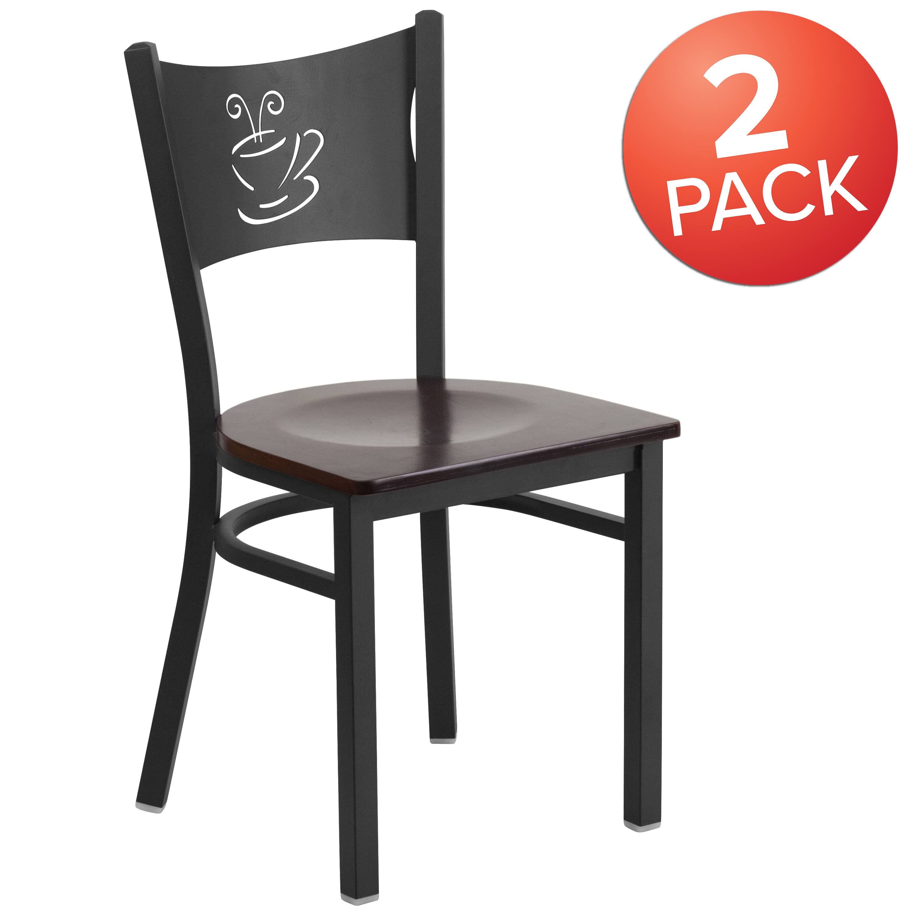 Alt View 1. Emma + Oliver - 2 Pack Coffee Back Metal Restaurant Chair - Walnut Wood Seat/Black Metal Frame.