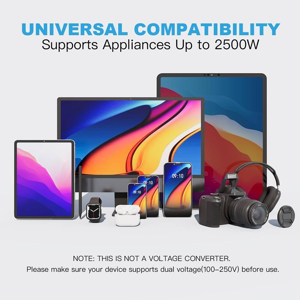 UNIVERSAL COMPATIBILITY  
Supports Appliances Up to 2500W  

NOTE: THIS IS NOT A VOLTAGE CONVERTER.  
Please make sure your device supports dual voltage (100-250V) before use.