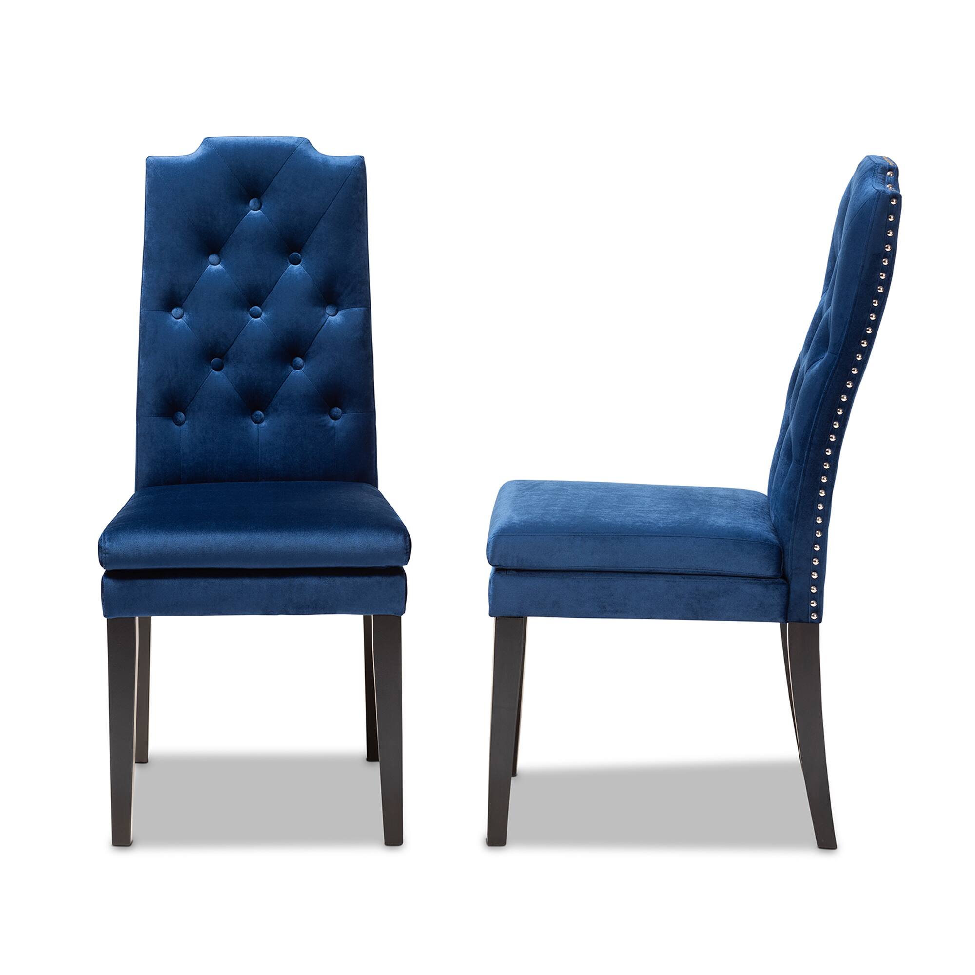 Left. Baxton Studio - Dylin Modern and Contemporary Velvet Fabric Upholstered Button Tufted Wood Dining Chair Set - Royal Blue.
