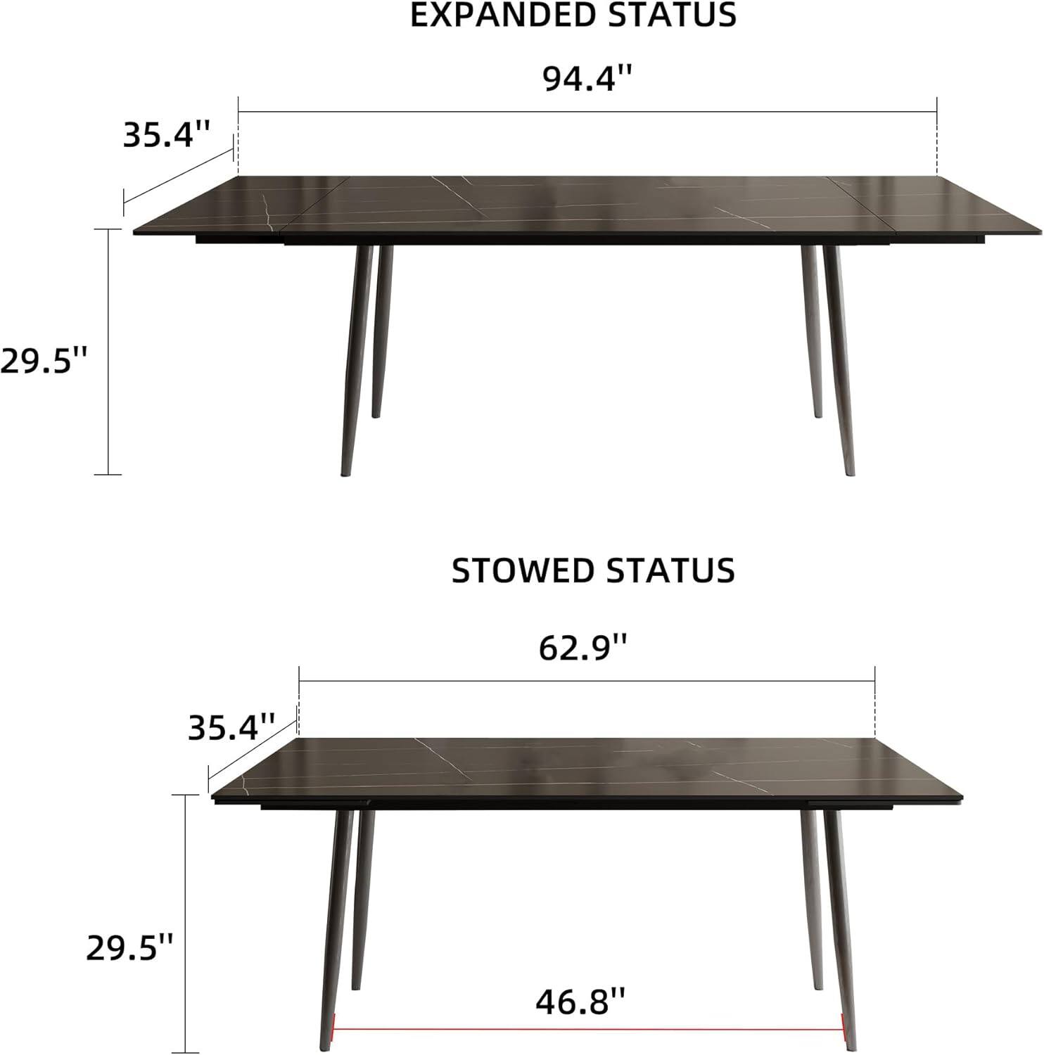 EXPANDED STATUS  
35.4" x 94.4" x 29.5"  
STOWED STATUS  
62.9" x 35.4" x 29.5" x 46.8"