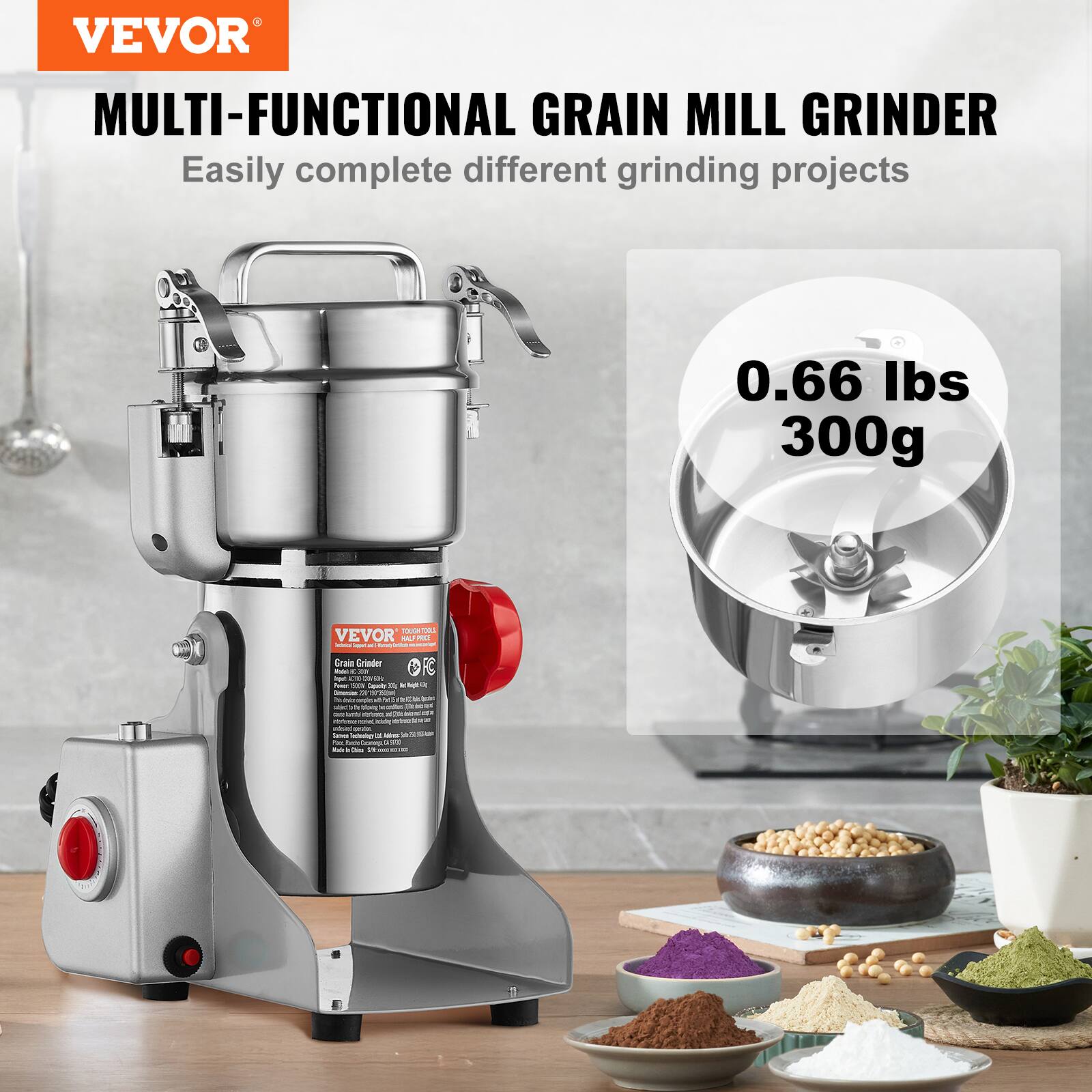 VEVOR MULTI-FUNCTIONAL GRAIN MILL GRINDER  
Easily complete different grinding projects  

0.66 lbs  
300g  

Grain Grinder
