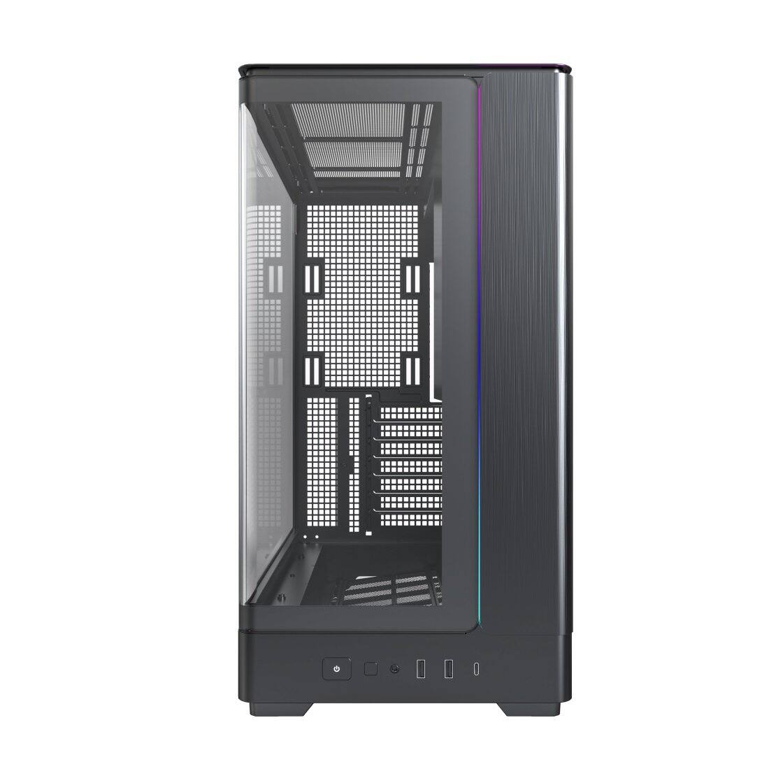 Angle. Montech - KING 45 KING45B ATX PC Case, Curved Panoramic Glass, Chimney Airflow, 360mm Radiator Support - Black.