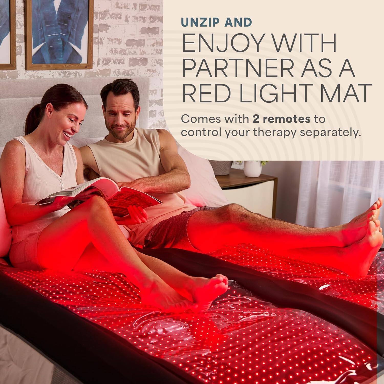 UNZIP AND ENJOY WITH PARTNER AS A RED LIGHT MAT  
Comes with 2 remotes to control your therapy separately.