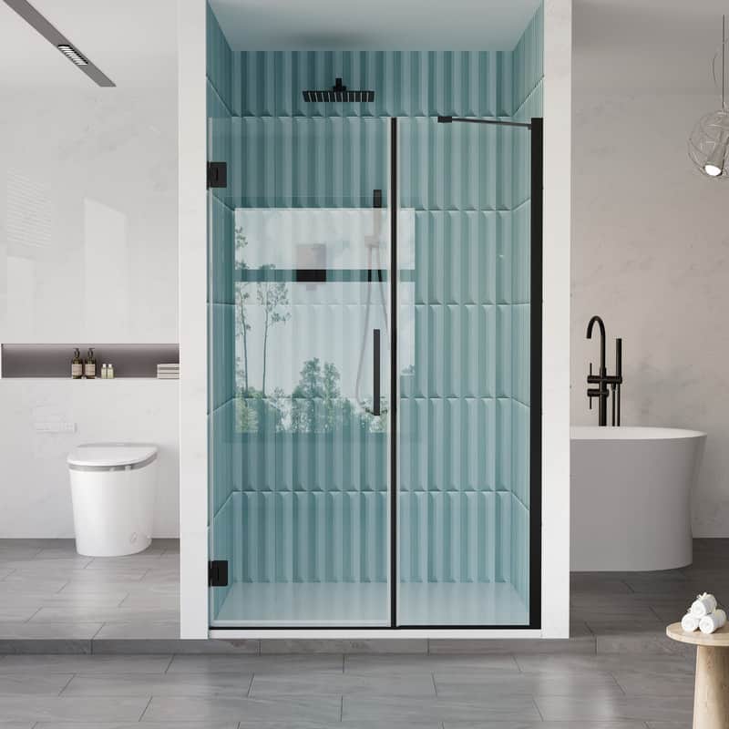"WELLFOR - 47–48 in. W x 72 in. H Frameless Hinged Shower Door with 3/8"" Clear Tempered Glass, Reversible Opening - Matte Black" price history on PriceWatchPro