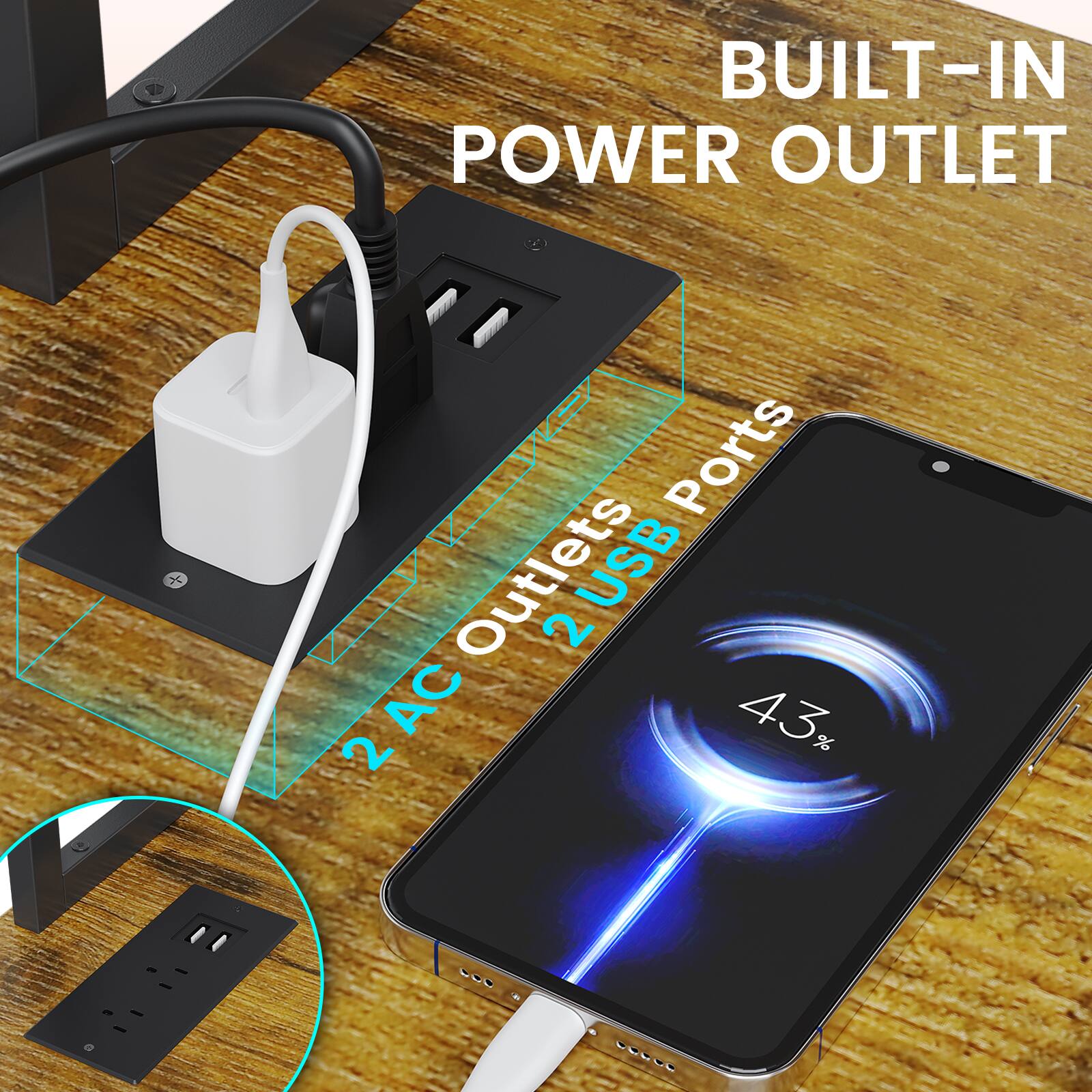 BUILT-IN POWER OUTLET

Ports: 2 USB, 2 AC

43%