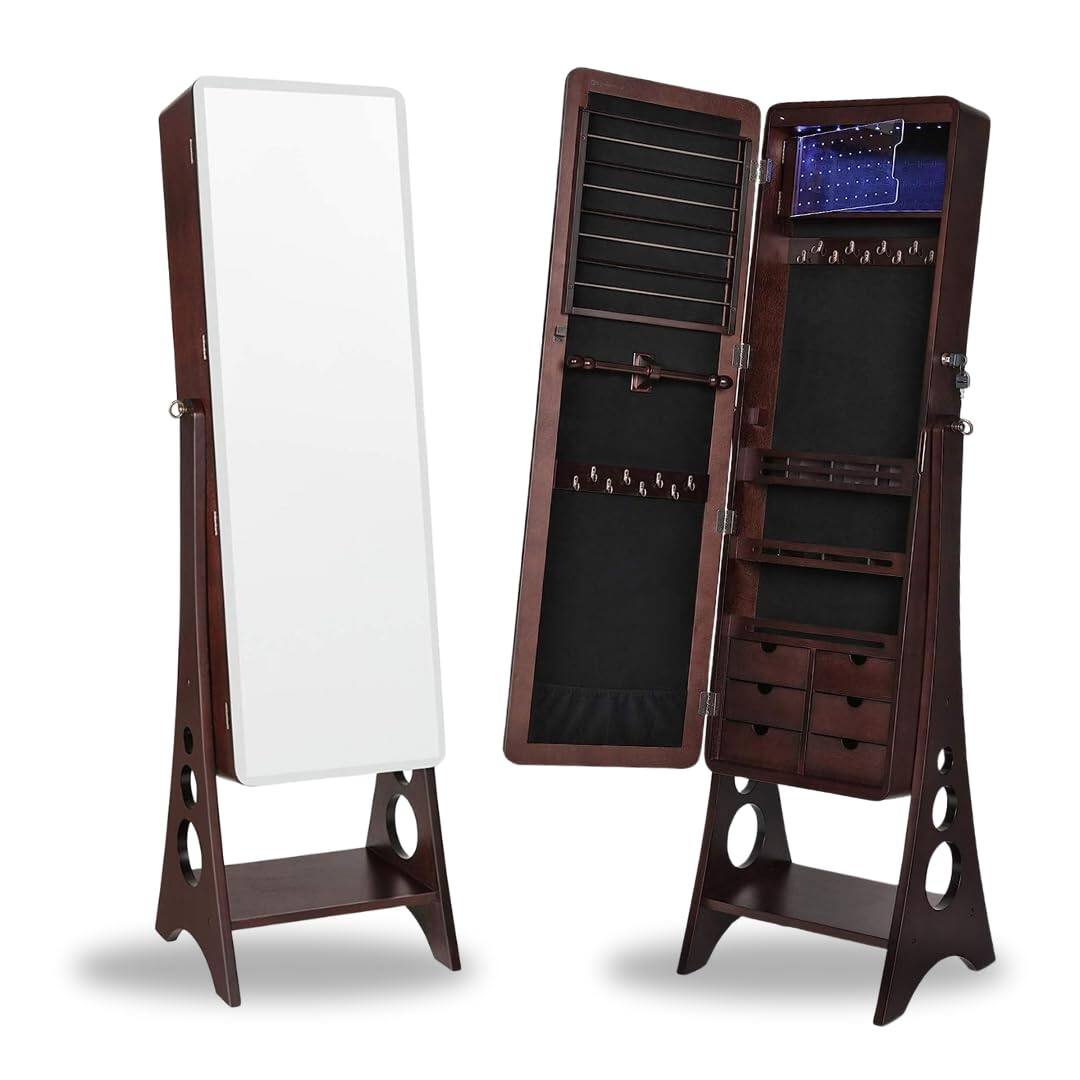Front. Cedar Assembly - Aria Standing Armoire Mirror - Led Lit Interior Lockable Ample Storage Beveled Full-length Space-saving Design - Default.